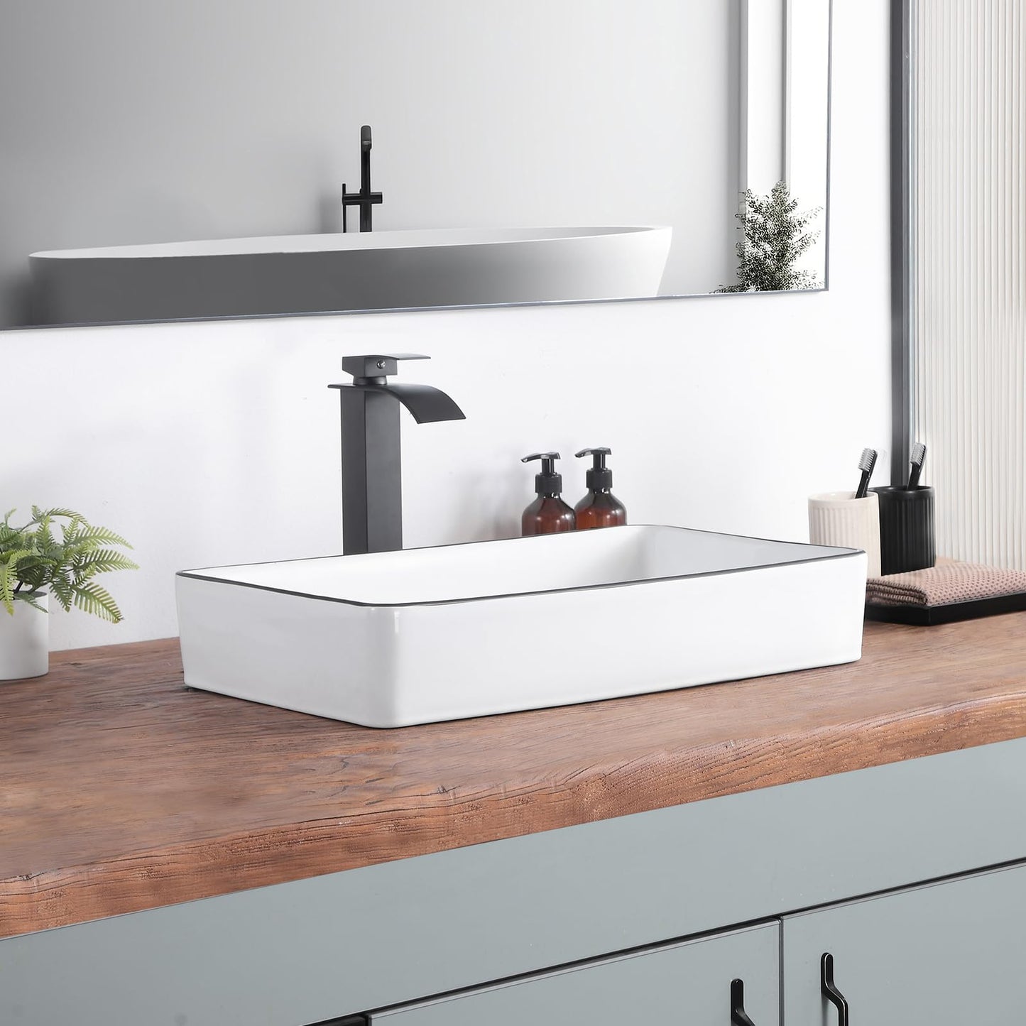 KDKSC Vessel Sink 24"x14" Rectangular Bathroom Sink White with Black Trim Porcelain Ceramic Modern Above Counter Vanity Sinks