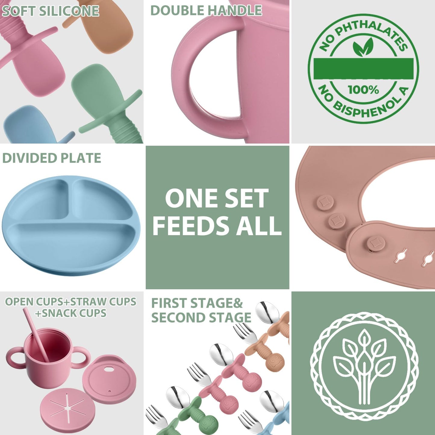 Yinder 32 Pack Silicone Baby Feeding Set Baby LED Weaning Supplies Includes Suction Divided Plates Soft Bowl Spoons Forks Adjustable Bib Snack Cup with Lid and Straws(Bright Color)