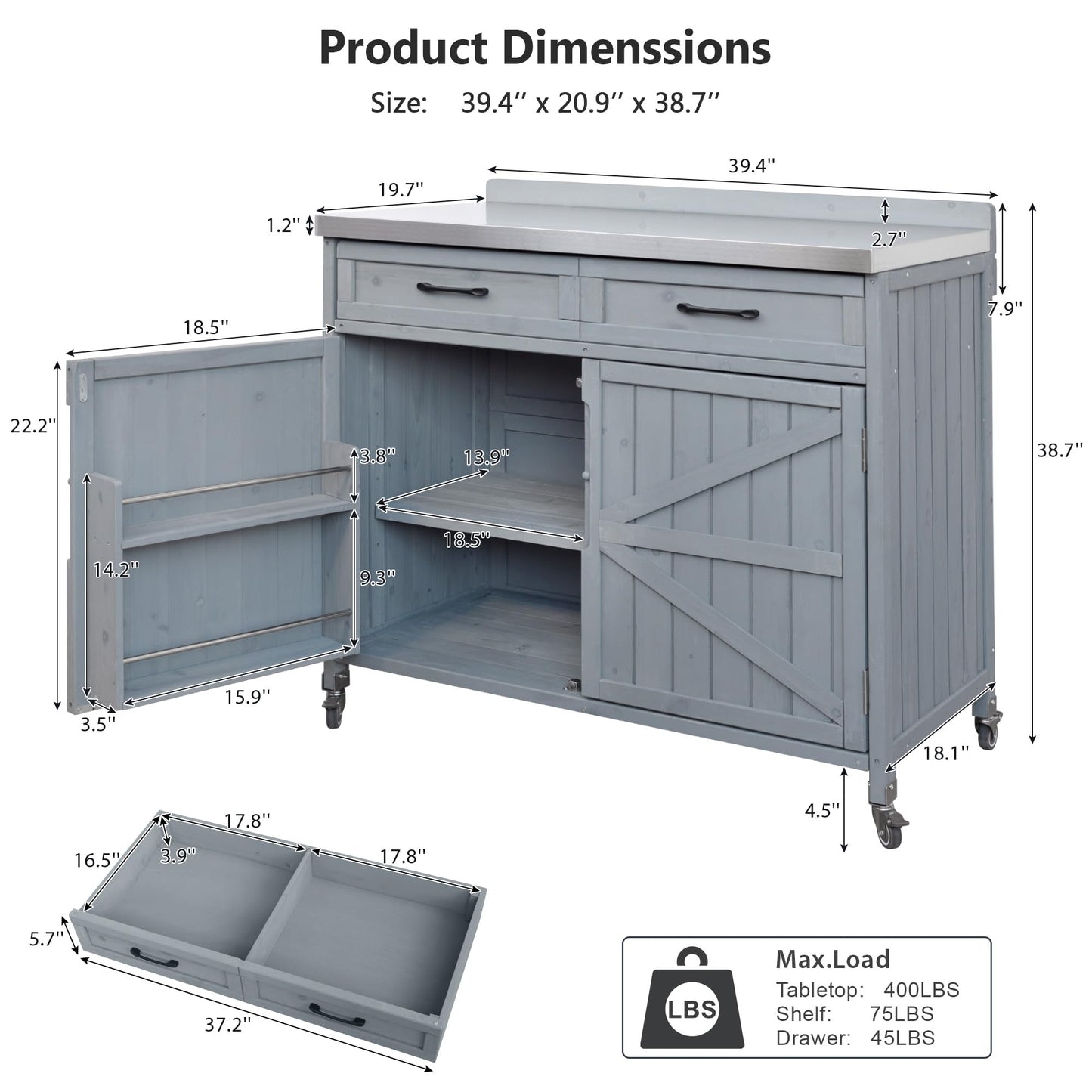Merax 2 Piece Modular Outdoor Kitchen Series- Kitchen Grill Cart w/Stainless Steel Sink, Wood Rolling BBQ Prep Table w/Stainless Steel Top, Lockable Wheels for Patio & Outdoor Cooking, Grey Blue