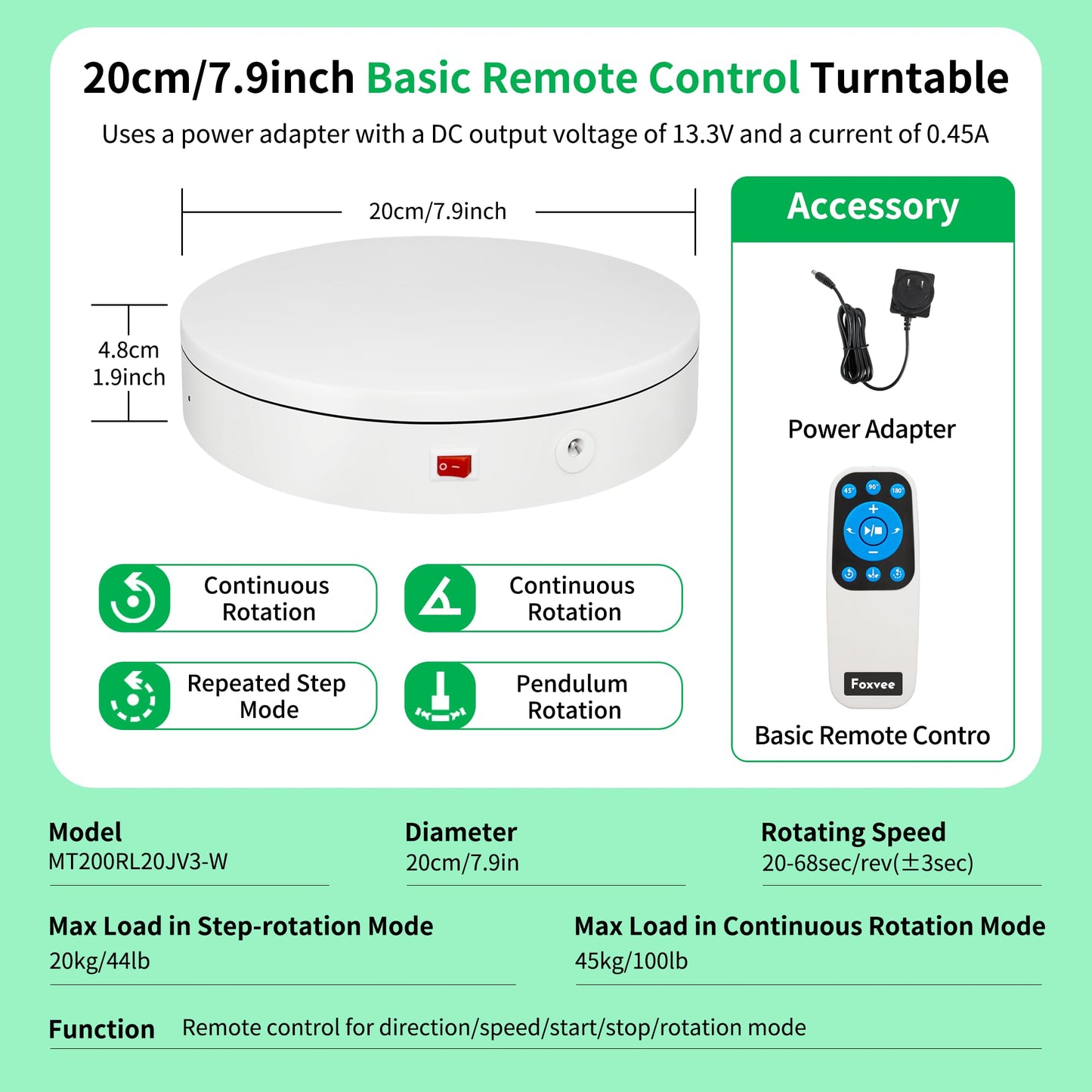 Foxvee Remote-Controlled Motorized Electric Turntable,Rotating Display Stand,Speed-Adjustable Rotating Turntable,Multi-Mode 360° Photography Turntable for 3D Scan,Photography,Showcase(7.87inch/White)