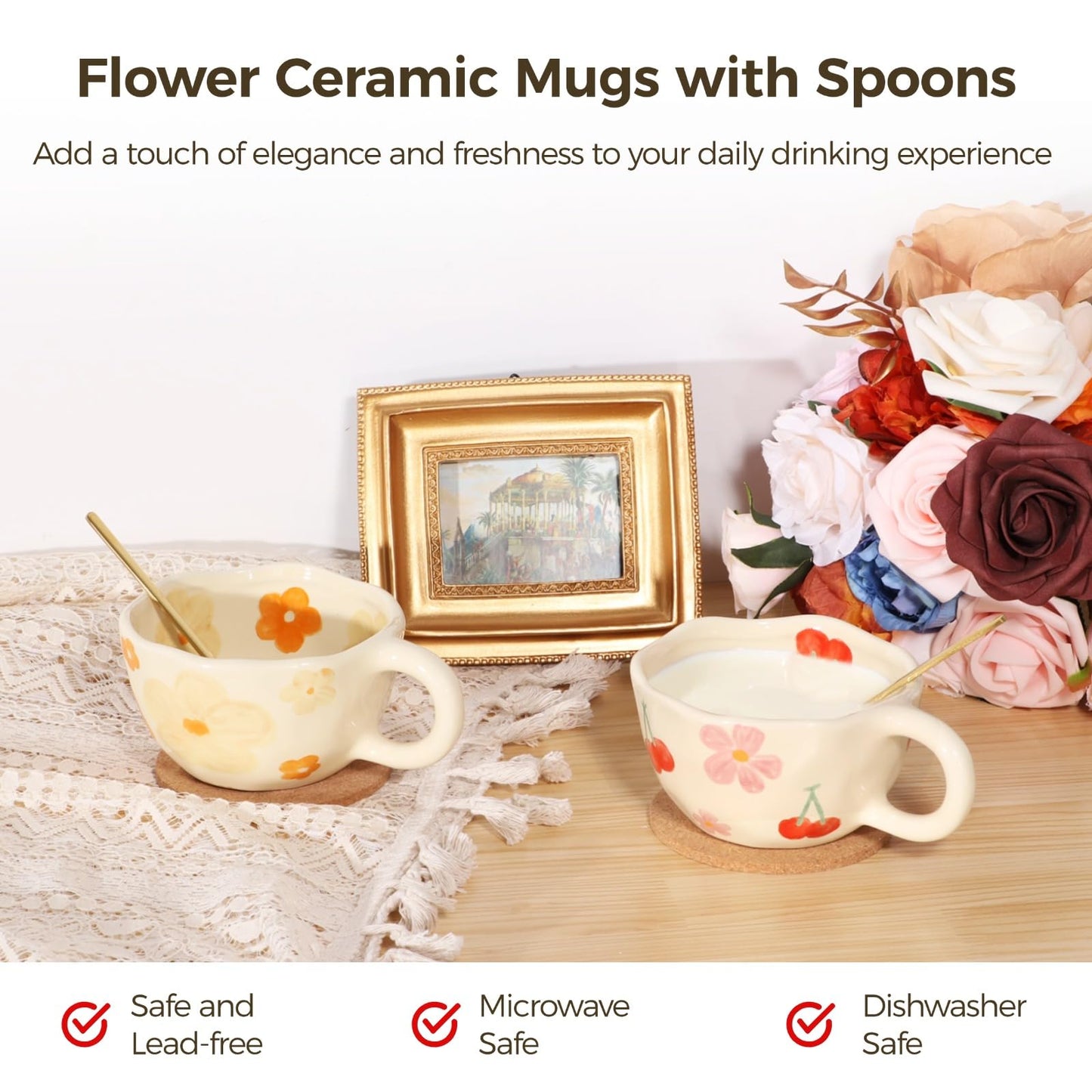 Homaisson Set of 4 Flower Ceramic Coffee Mugs, 8 OZ Floral Tea Cup Set with Spoons, Cute Cappuccino Cups Set, Porcelain Espresso Cups for Mocha Latte, Dishwasher Microwave Safe