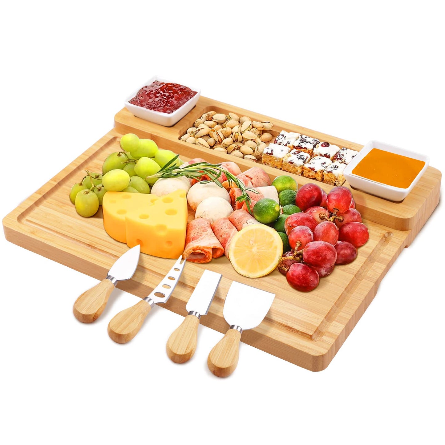Charcuterie Boards Set, Cheese Board and Knife Set with 2 Ceramic Bowls, Bamboo Cheese Tray Serving Board - Unique, Wedding, Housewarming, Birthday Gifts