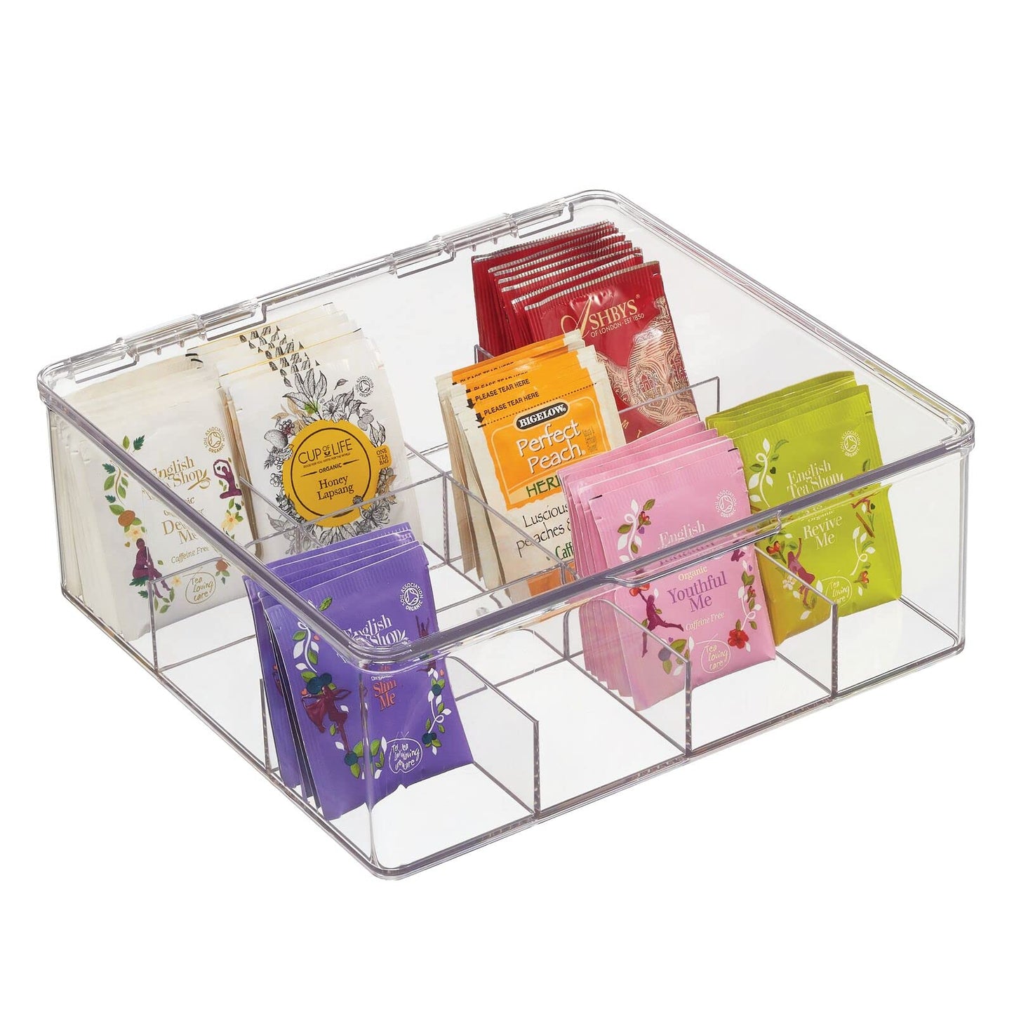 mDesign Plastic Kitchen Organiser — Practical Storage Box with 12 Compartments and Hinged Lid — Pantry Storage Box with Lid for Tea, Coffee, Spices and Other Foodstuffs — Clear