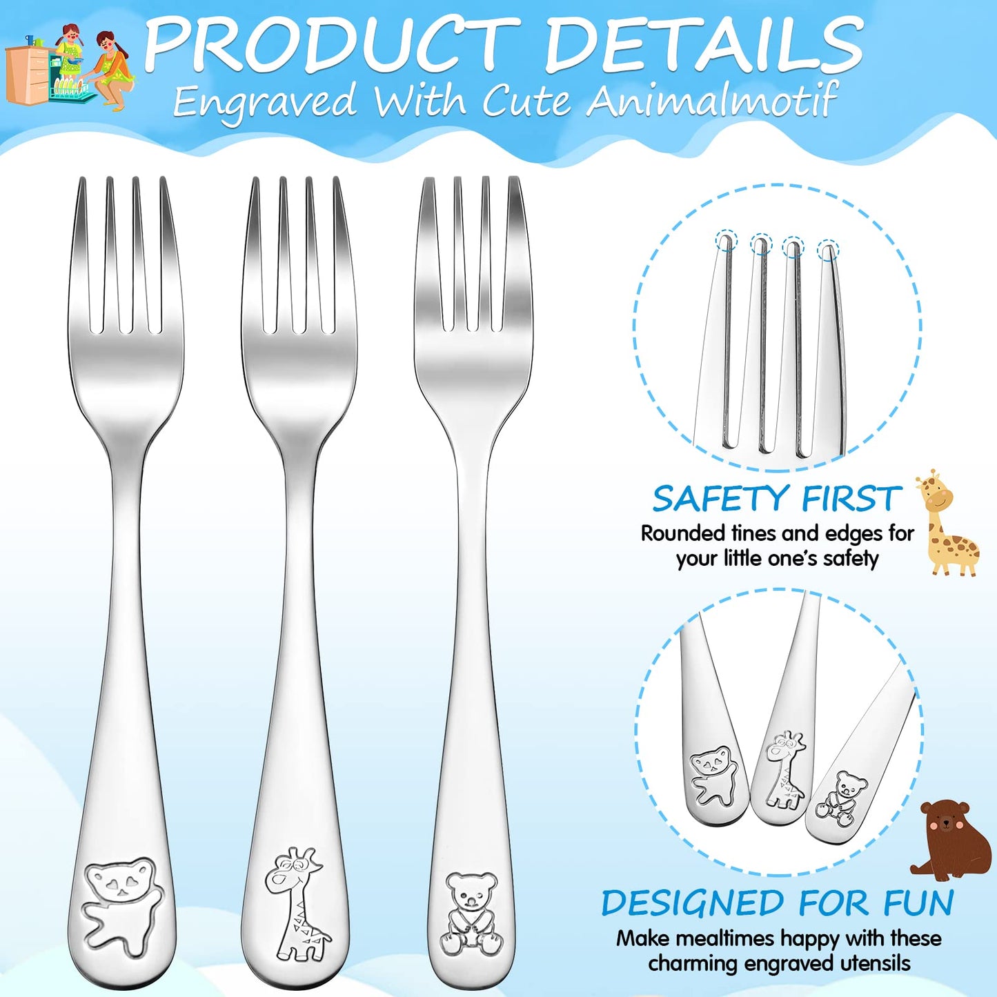 Eboot 36 Pieces Kids Silverware Toddler Utensils, Stainless Steel Childrens Forks and Spoons Sets, Food Grade Metal Cutlery Set, Dishwasher Safe(Zoo Animal)
