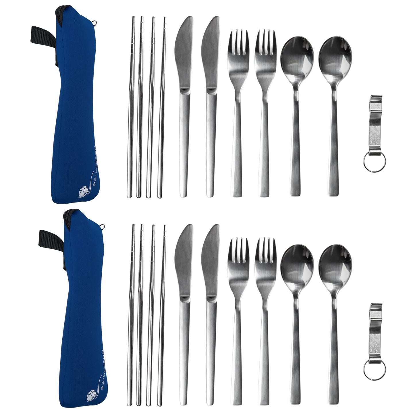 Camping Travel Utensils with Case - 4-Person (2 Pouches) Fork, Spoon, Knife Silverware Set - Reusable Portable Hiking Camping Lunch Cutlery - Family Mess Kit - Stainless Steel