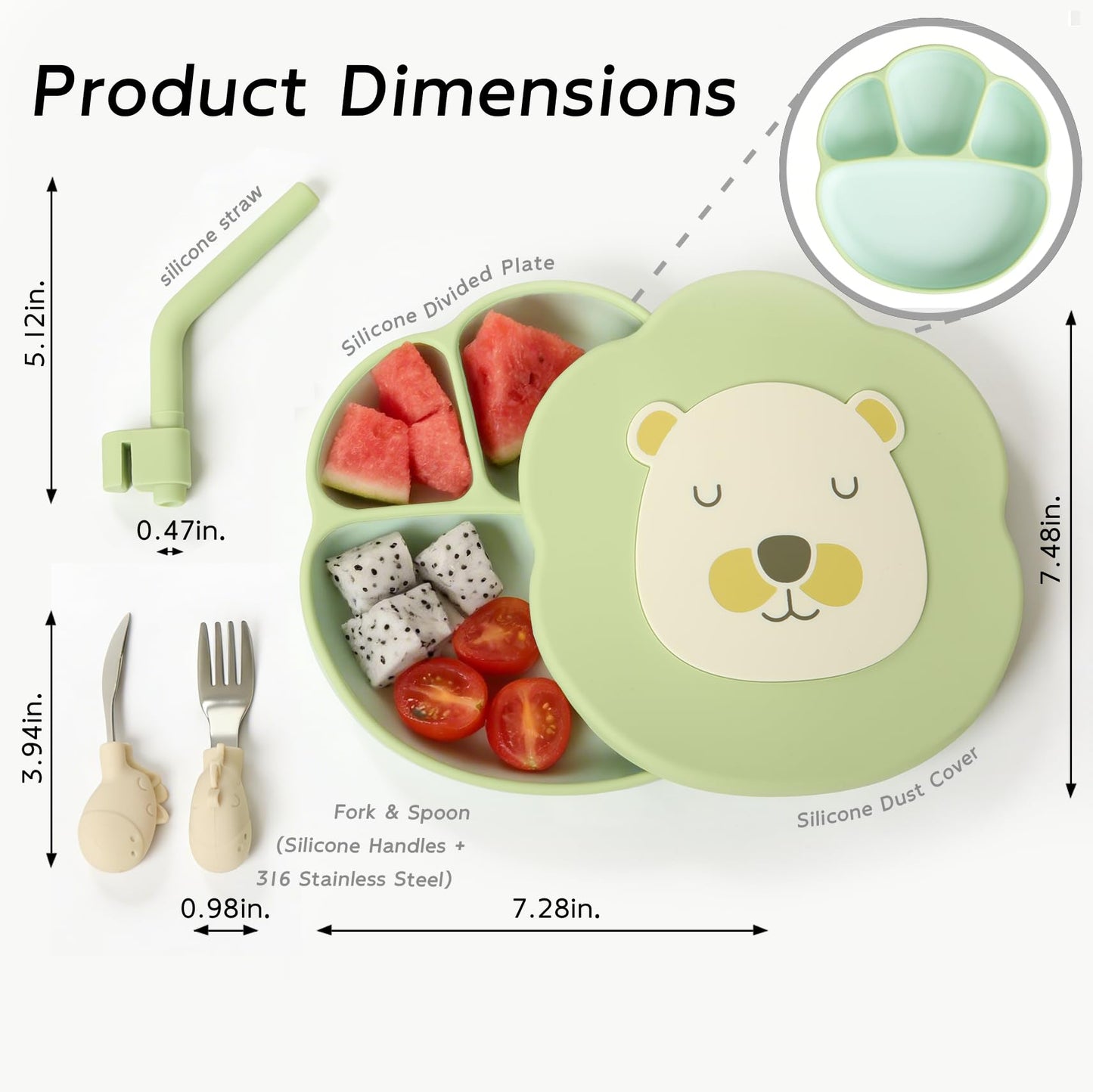 dwoo Baby Silicone Suction Plates for Toddler, Divided Self-Feeding Plate Set with 316 Stainless Steel Spoon & Fork, Dust Cover & Straw, Baby Led Weaning Supplies (Lion Design)