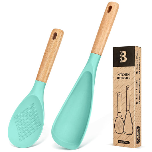 Cooking Spoon and Rice Scooper for Nonstick Cookwares, Great for Cooking and Serving Sturdy BPA-Free Matte Silicone, Wood Handle Spoon for Mixing, Scoop, and Scrape (GREEN)