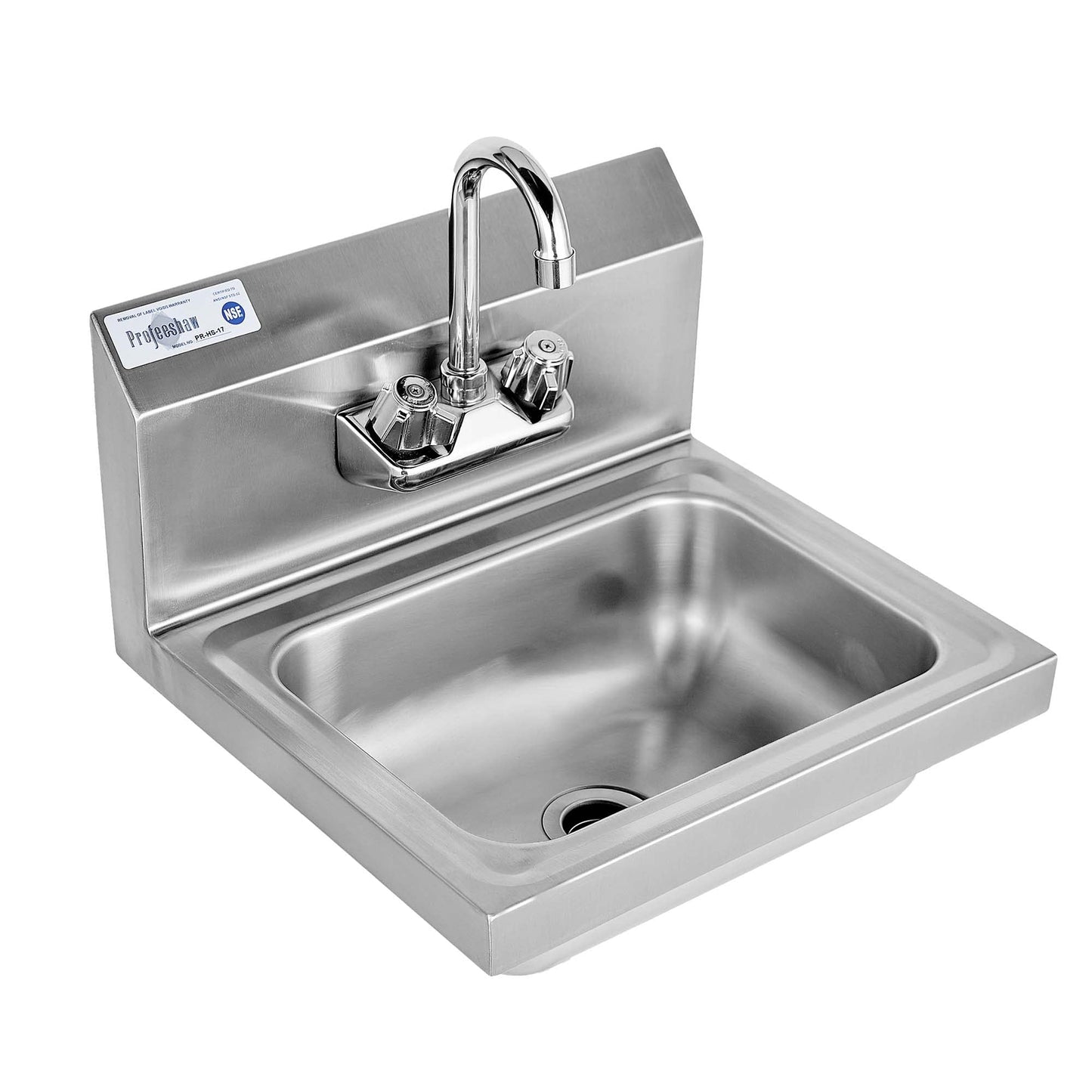 Profeeshaw Commercial Hand Sink, Wall Mount Utility Sink, 304 Stainless Steel Wash Basin with Gooseneck Faucet, Drain Basket and Backsplash for Restaurant, Bar and Home, 17 x 15 Inch