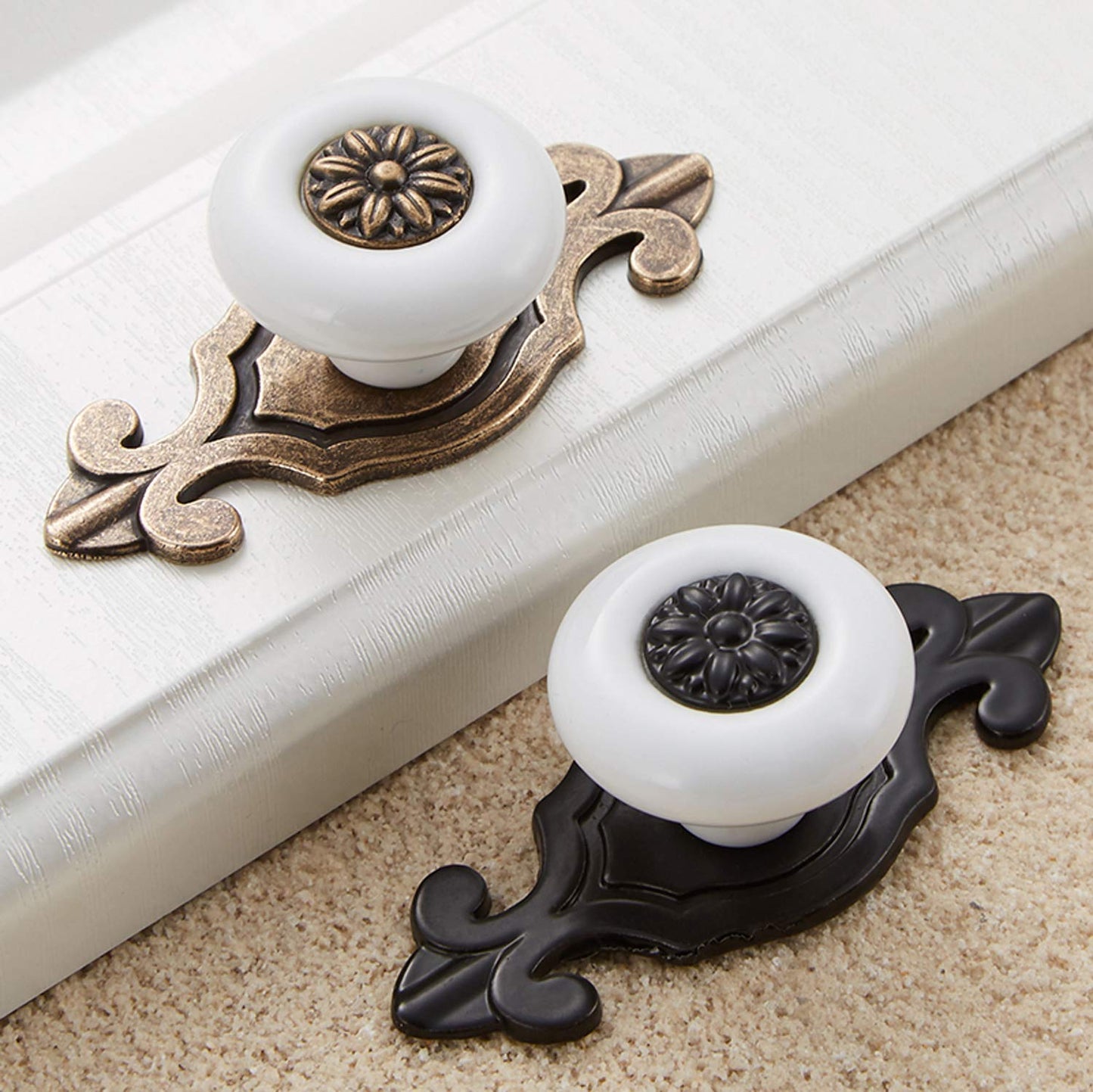 HUAMULAN 10 Pack Retro Ceramic Knobs,Vintage Dresser Kitchen Petal Cabinet Pulls Zinc Alloy Base Back Plate Cupboard Wardrobe Drawer Door Handles,Black Base