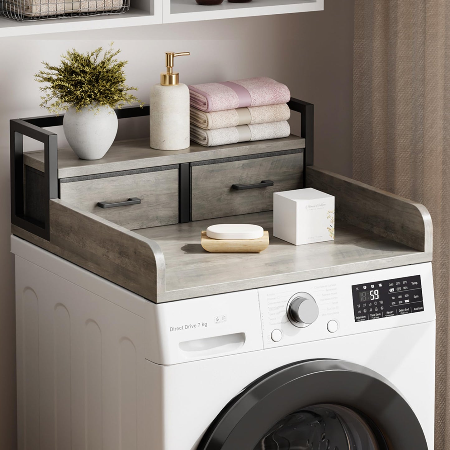 IDEALHOUSE 2-Tier Washer and Dryer Countertop with Shelf or Drawers, Laundry Countertop Cover with Non-Slip Pad, 54"X27.5" Laundry Topper for Folding Clothes Over Washer and Dryer-Grey