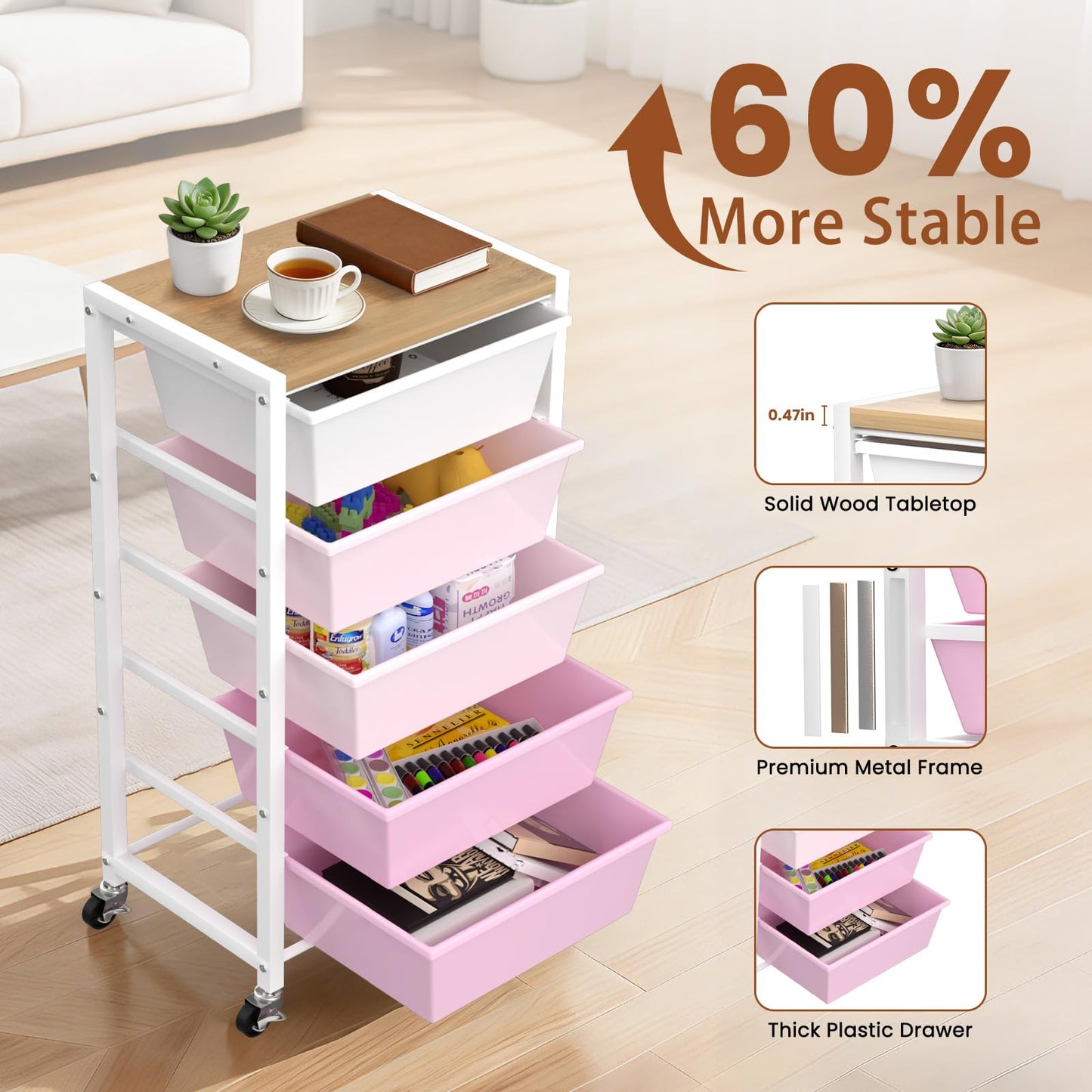 Rolling Cart with 5 Drawers, Plastic Drawer Storage Carts with Wheels & Wooden Tabletop, Metal Utility Cart for Office Bedroom Living Room Classroom, Craft Organization and Storage, Bright Pink