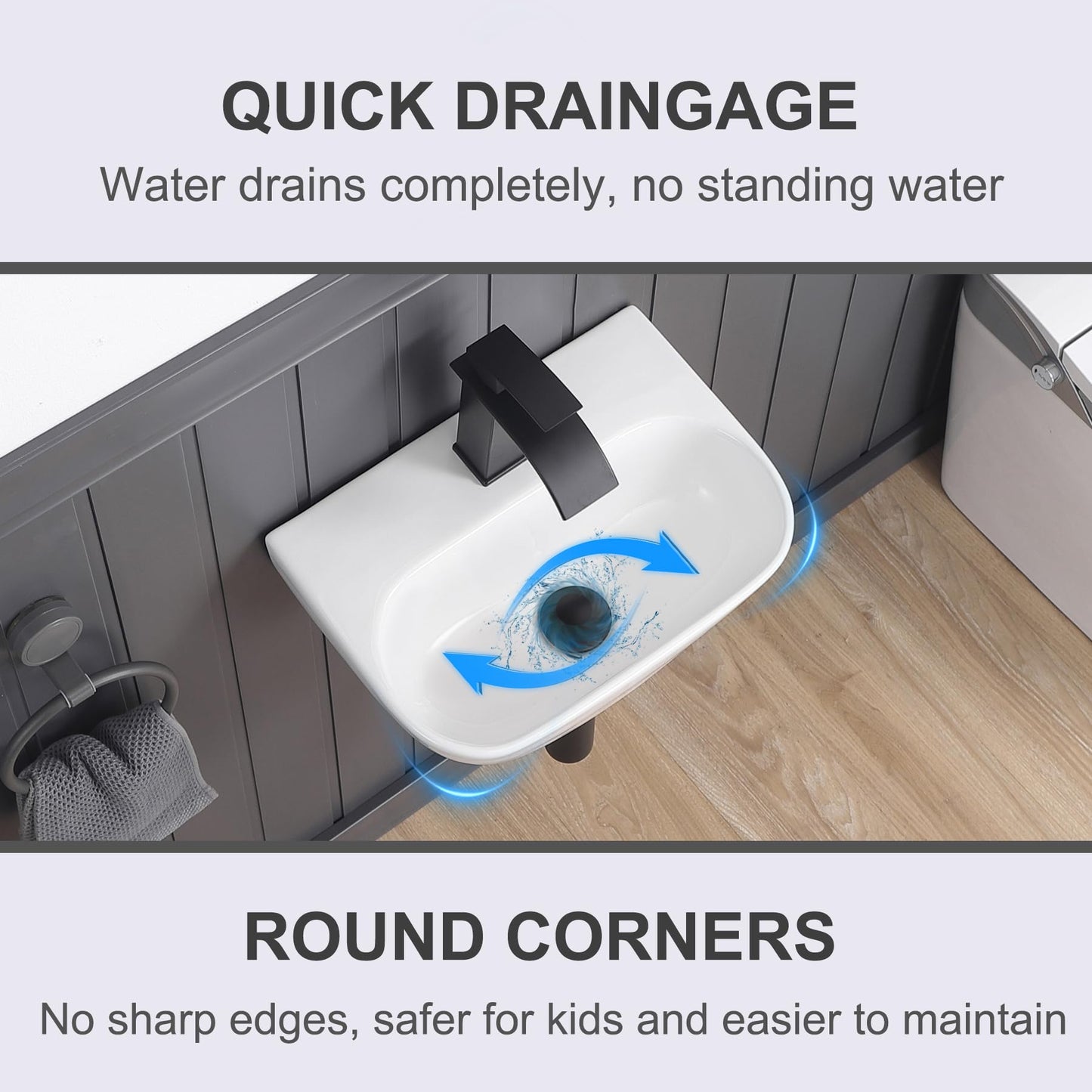 DEHOMEN 16.5" Wall Mount Bathroom Sink Rectangular Wall Hung Floating Vessel Sink Porcelain Lavatory Hand Basin for Small Bathroom,Grage White