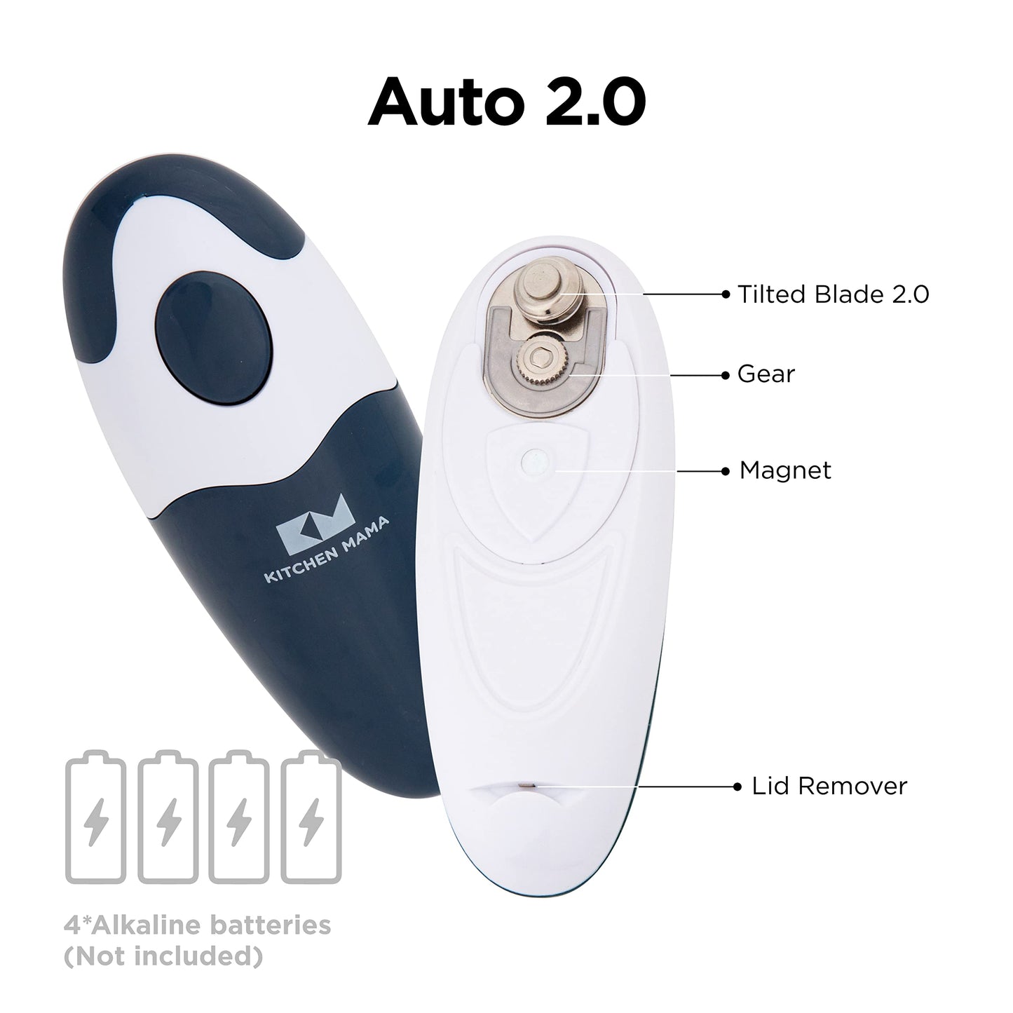 Kitchen Mama Auto 2.0 Electric Can Opener: Blade Opens Almost Any Can Pop or Soda Can - Automatic, Hands Free, Safe, Smooth Edge, Lid Remover, Battery Operated, Cordless, YES YOU CAN (Navy Blue)