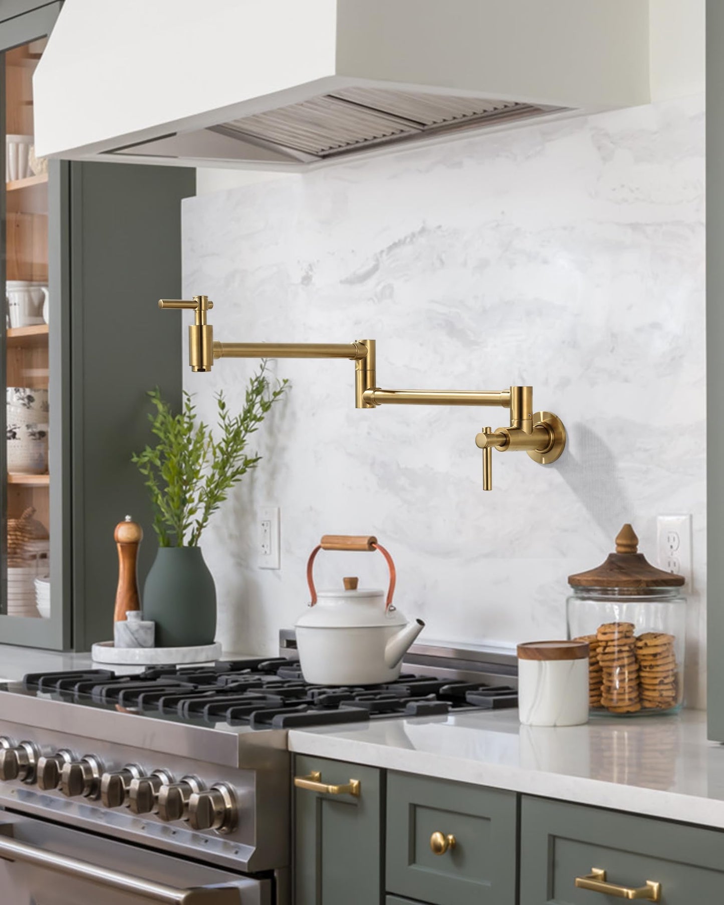 iVIGA Gold Pot Filler Faucet, Wall Mount Copper Folding Faucet 2 Handle with Double Joint Swing Arms, Single Hole Brass Kitchen Faucet Over Stove