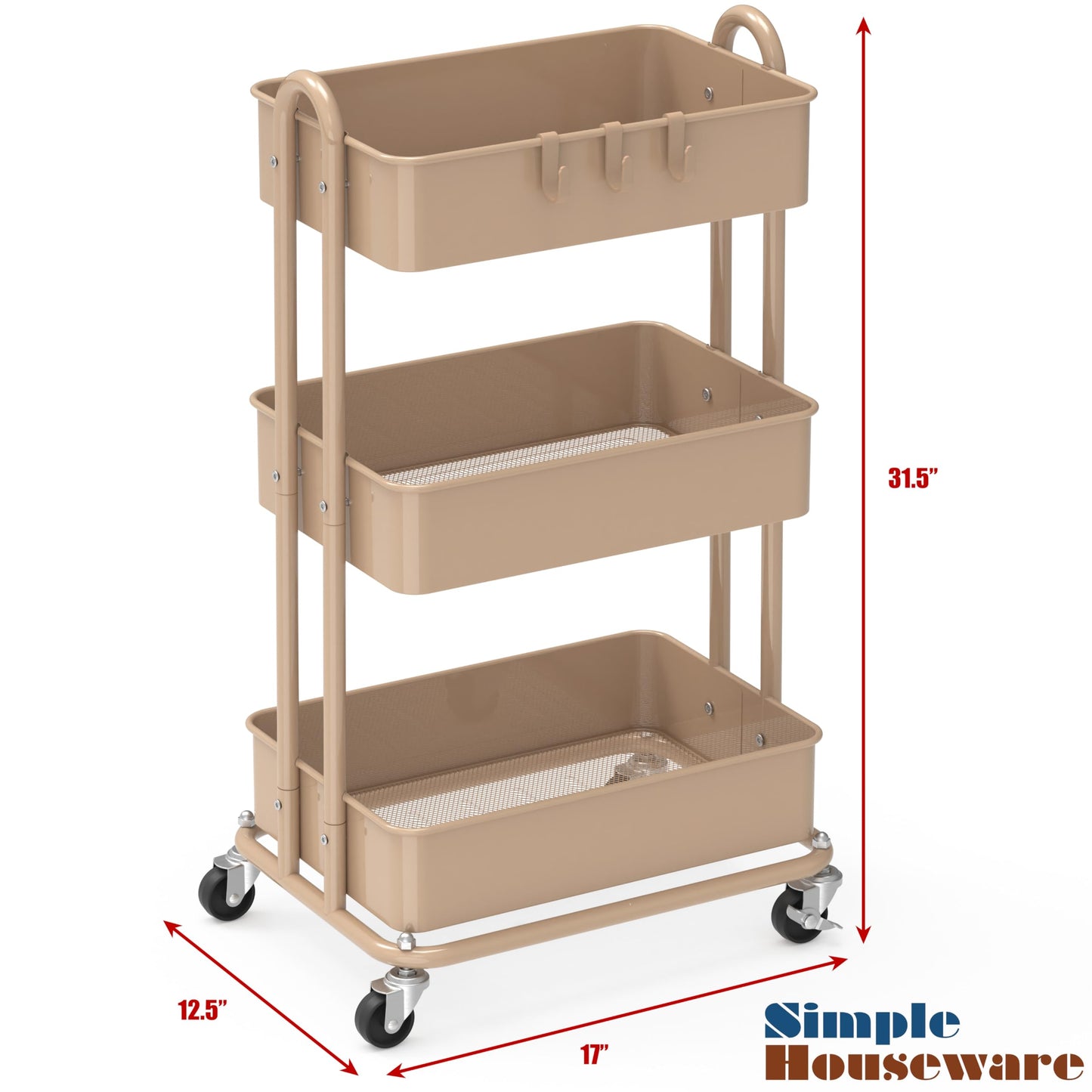 Simple Houseware 3-Tier Heavy Duty Metal Utility Rolling Cart, Khaki