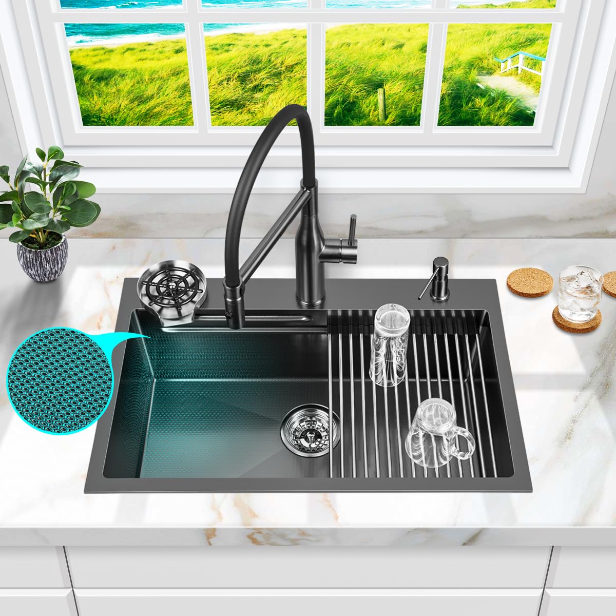 FRANIC 29" Handmade Black Bar Workstation Sink, 29" x 18" x 8" Stainless Steel Matte Nano Black Topmount Single Bowl Small Kitchen Outdoor Sink