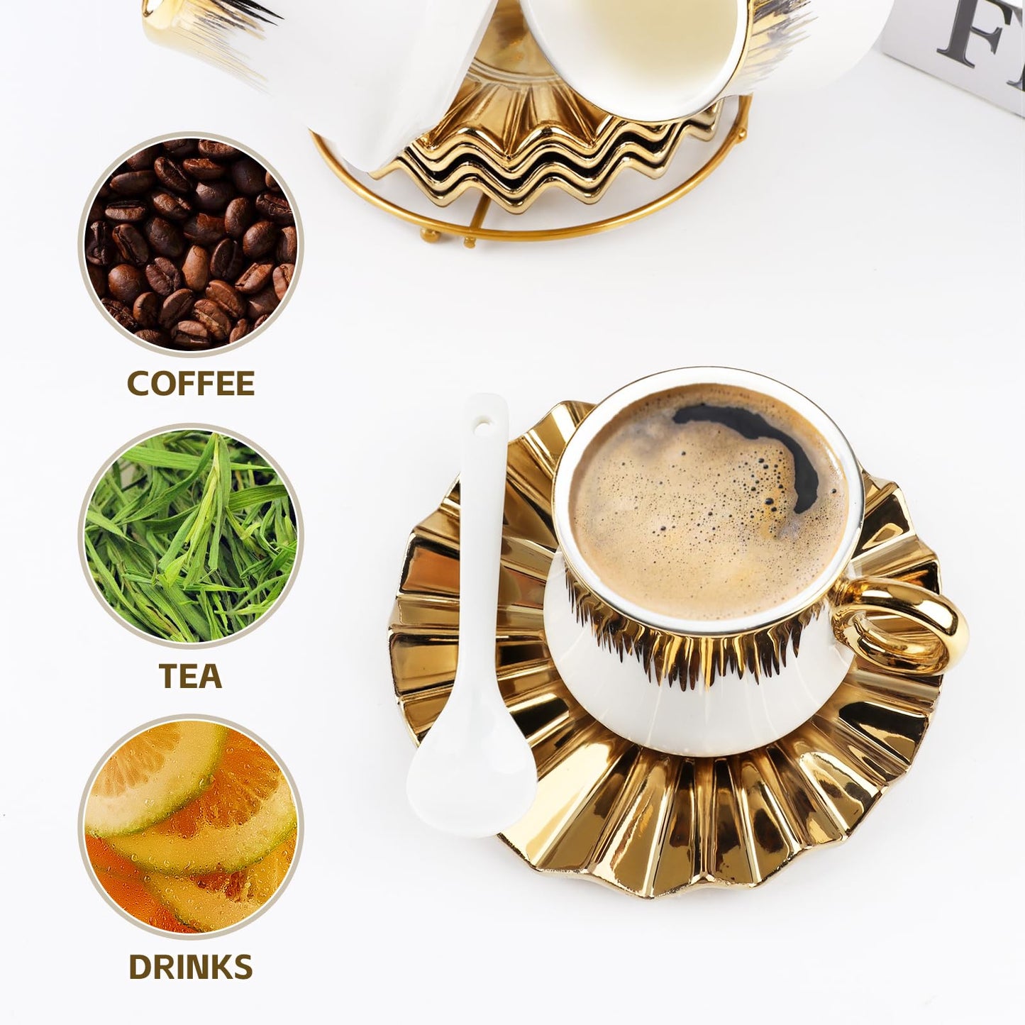 3.5oz Ceramic Espresso Cups Set of 6, Small Stackable Coffee Cups with Saucers, Ottoman-Style Turkish Coffee Cup Set for Tea, Espresso, Latte, Coffee, Cafe Mocha, Black Gift Box with Window(White)