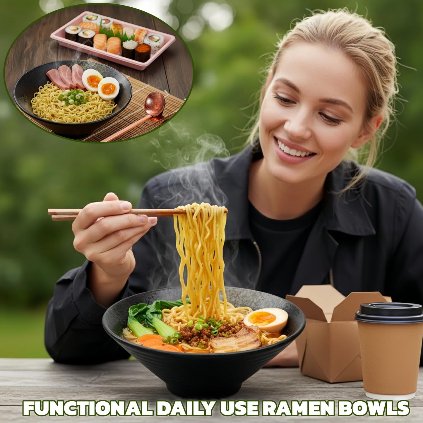 ZOOFOX 2 Pack Ceramic Ramen Bowl Set, 60 oz Japanese Noodle Bowl with Chopsticks and Spoon, Large Noodle Soup Bowls for for Udon, Soba, Pho and Asian Noodles, 9 Inch