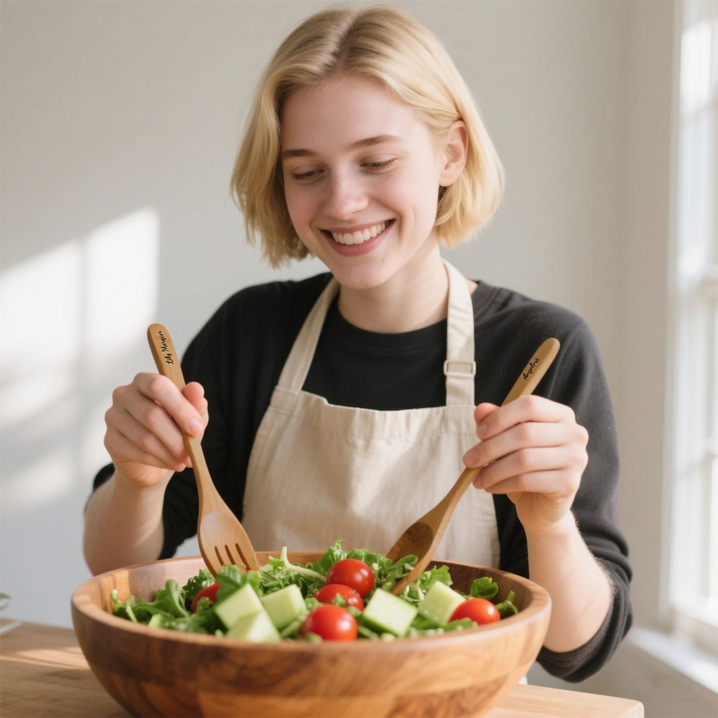 Personalized Salad Tongs for Serving Wooden Salad Servers with Name 10in Wood Spoons and Forks Set Salad Serving Utensils for Kitchen Mixing Tossing Cooking