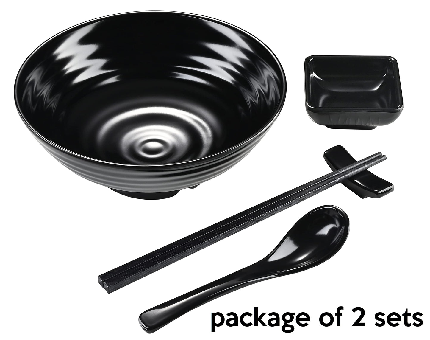 Unbreakable Ramen Bowl Set with Chopsticks and Spoon: 2 large Japanese Style Melamine Ramen Bowls, Dipping Bowls and Chopstick Stands for Asian Pho Soup Thai Miso Udon Wonton (2 Bowl Set, Black)