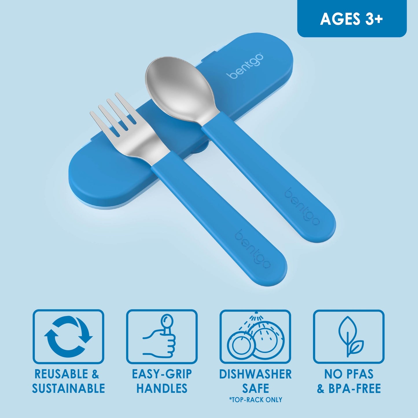 Bentgo Kids Stainless Steel Utensil Set - Reusable Fork, Spoon & Storage Case, PFAS- & BPA-Free, Easy-Grip Handles, Lightweight, Dishwasher Safe, School Lunch, Travel & Outdoors (Blue)
