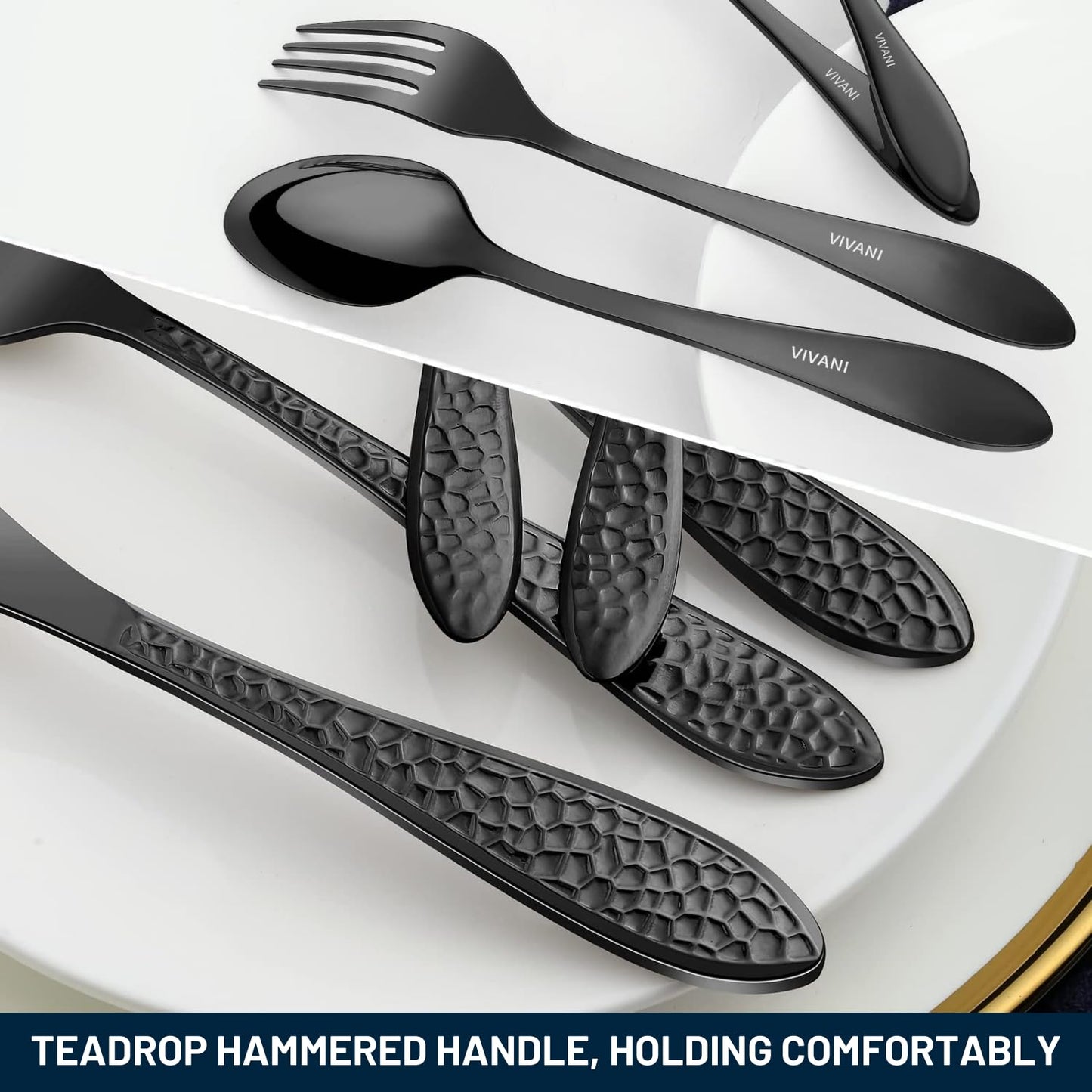 VIVANI 40-Piece Black Silverware Set for 8, Hammered Flatware, 18/0 Stainless Steel Cutlery, Dishwasher Safe Utensil Set for Contemporary Kitchens, Restaurant Style & Everyday Dining