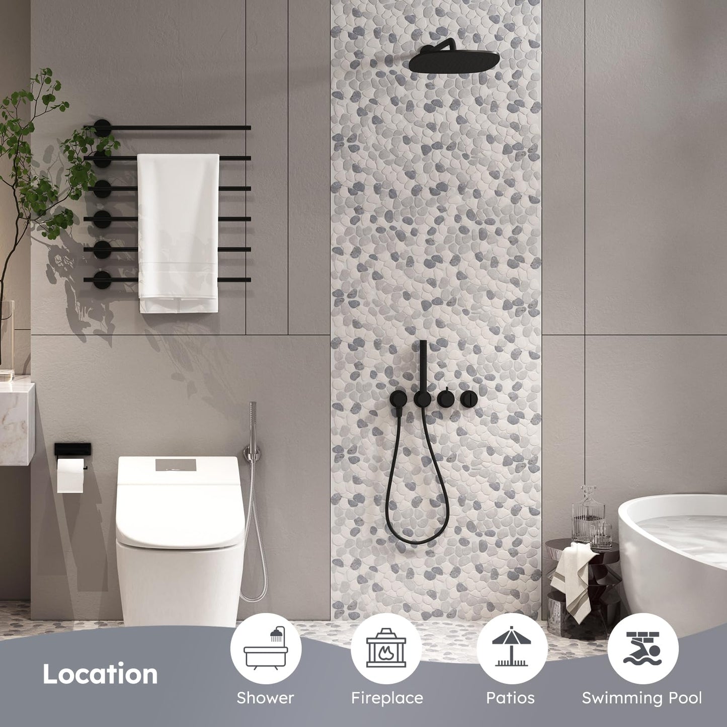 Diflart Pebble Tile for Shower Floor, Gray and White Oval, 5 Sheets, Pebble Backsplash for Kitchen Bathroom Wall and Floor Tile