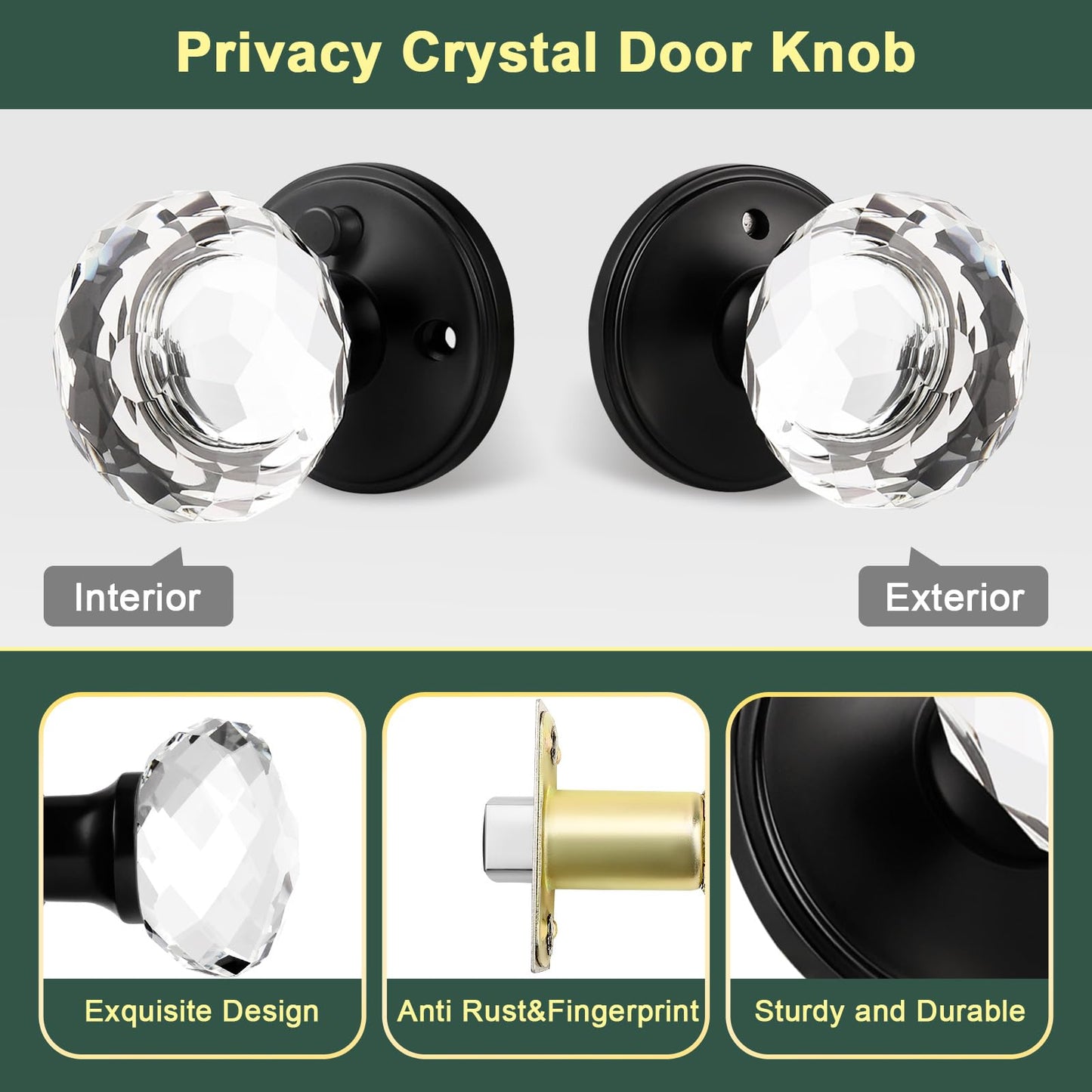 Lepushom 6 Pack Crystal Door Knobs Interior, Elegant Matte Black Glass Door Knobs, Keyless Privacy Door Locks for Bedrooms and Bathrooms