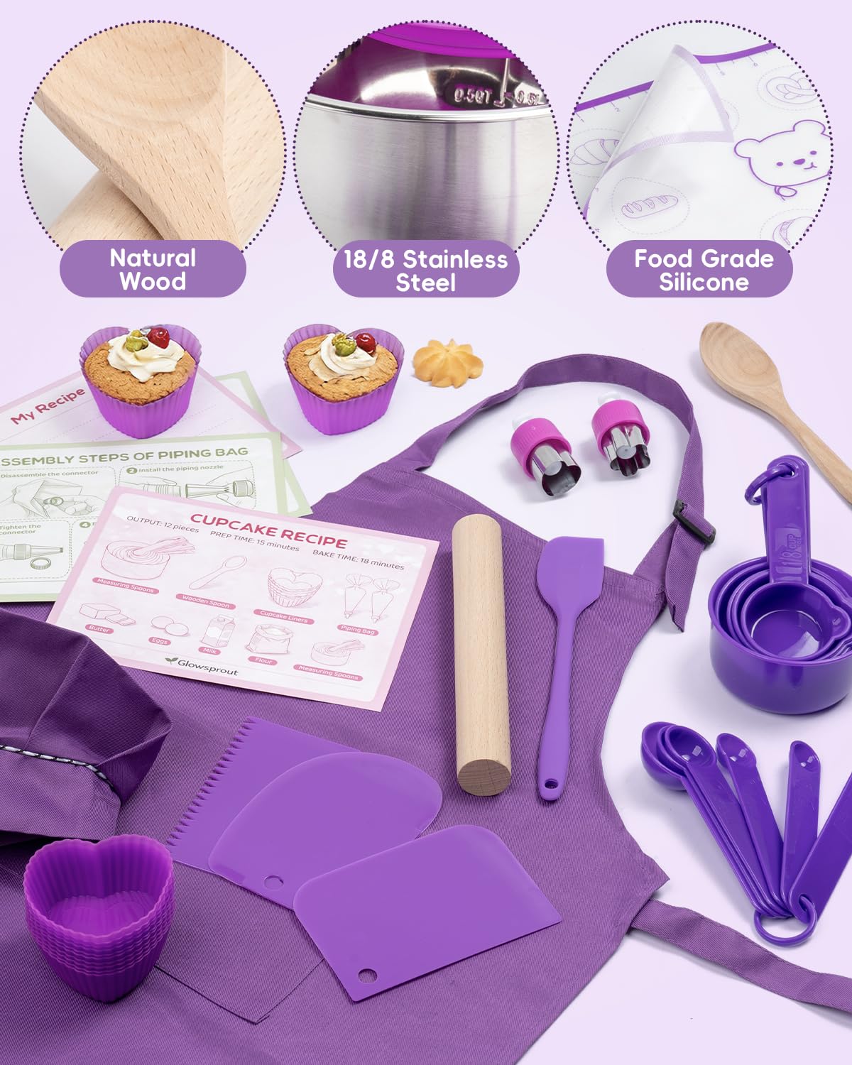 Kids Baking Set–Real Cooking Set for Kids with Kids Cooking Utensils & Kitchen Accessories, Measuring Tools & Baking Supplies,Great Gift for Pretend Play & Montessori Learning (Purple)