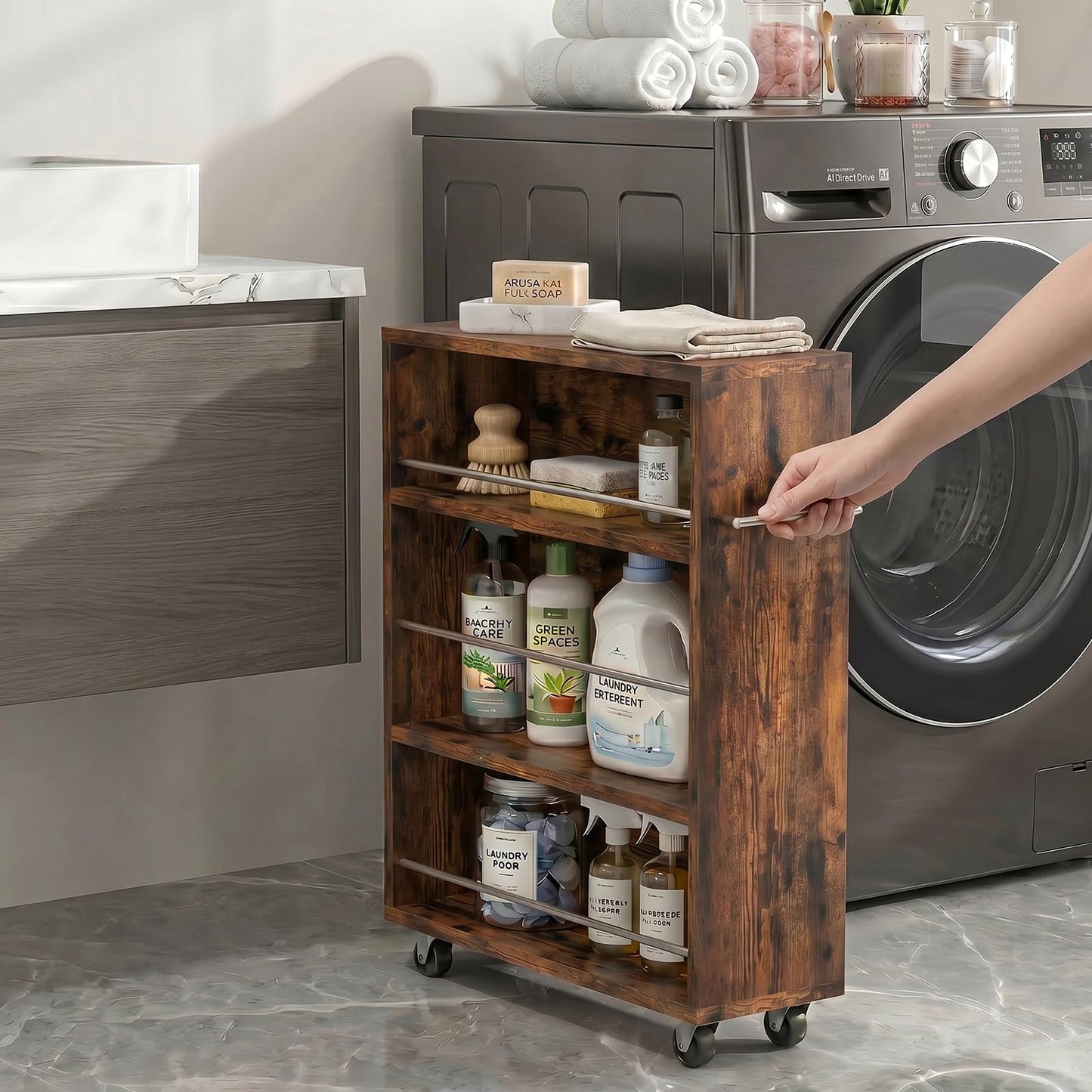 ALBAD Slim Rolling Cart,4-Tier Storage Cart with Wheels,7.9”W Slim Storage Carts with Handle for Kitchen Laundry Narrow Places Bathroom Dining Room Small Spaces