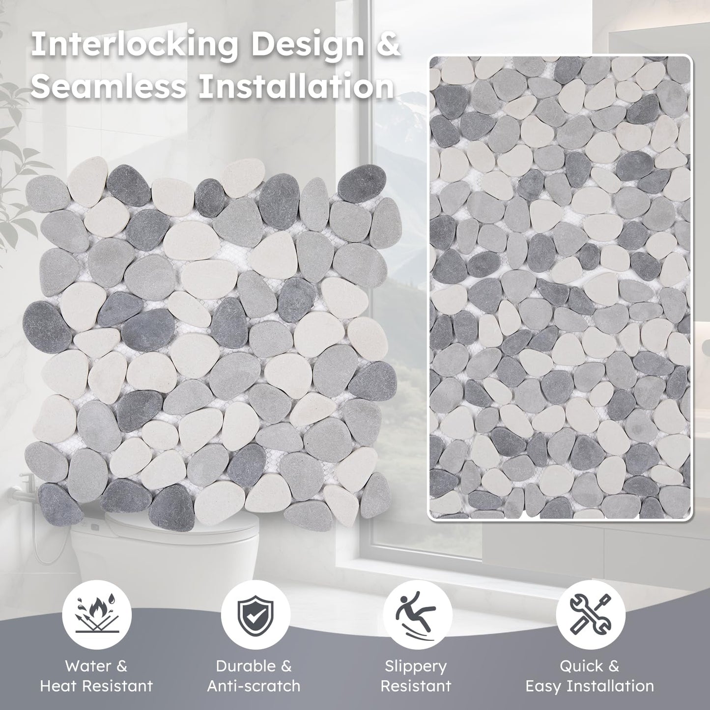 Diflart Pebble Tile for Shower Floor, Gray and White Oval, 5 Sheets, Pebble Backsplash for Kitchen Bathroom Wall and Floor Tile