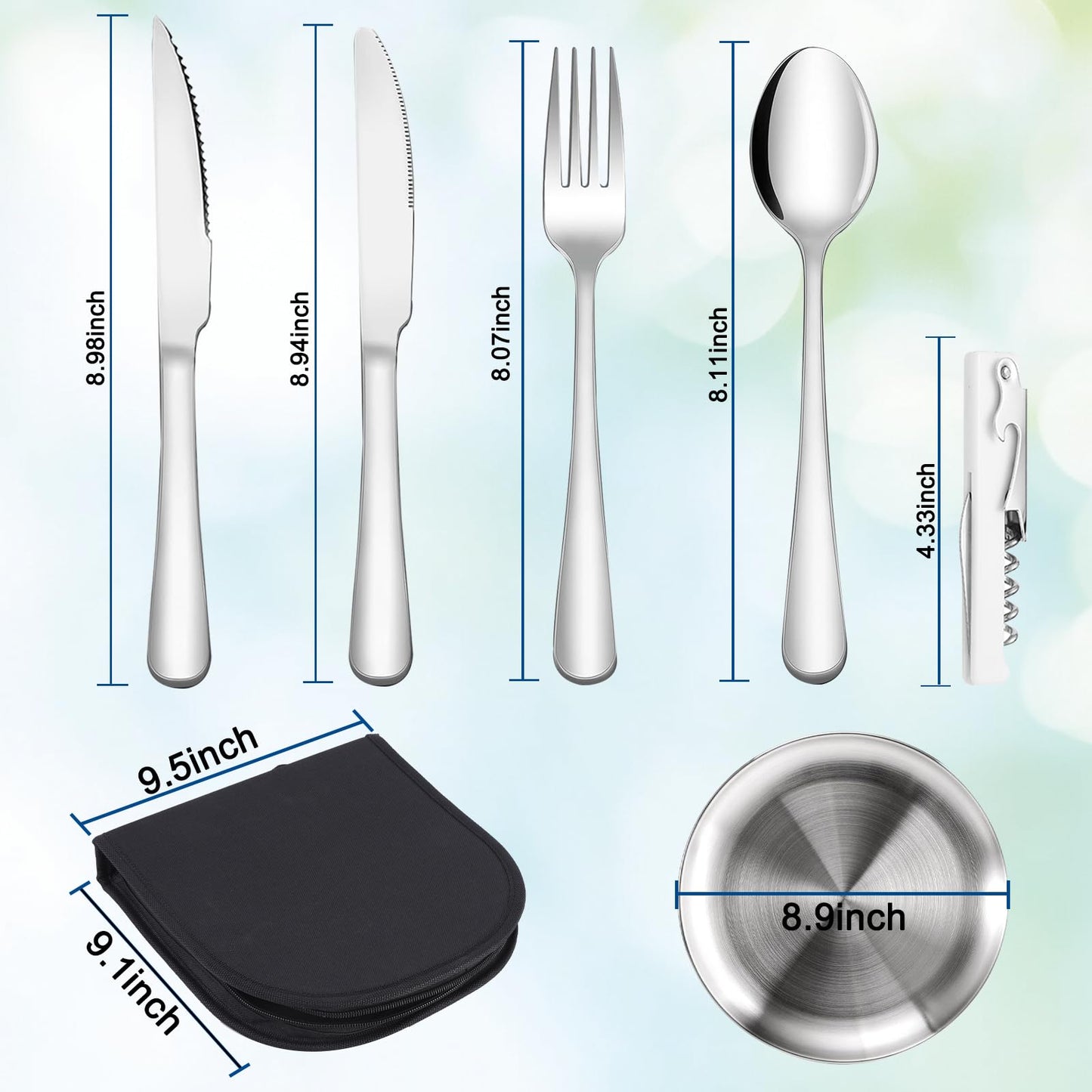 Outdoor Camping Silverware, 10Pcs Set Stainless Steel Outdoor Camping Mess Kits Includes Forks, Spoons, Knives, Fork Spoon Dish and Cap Opener, Plates - Portable Cutlery Bag (Stainless Steel)