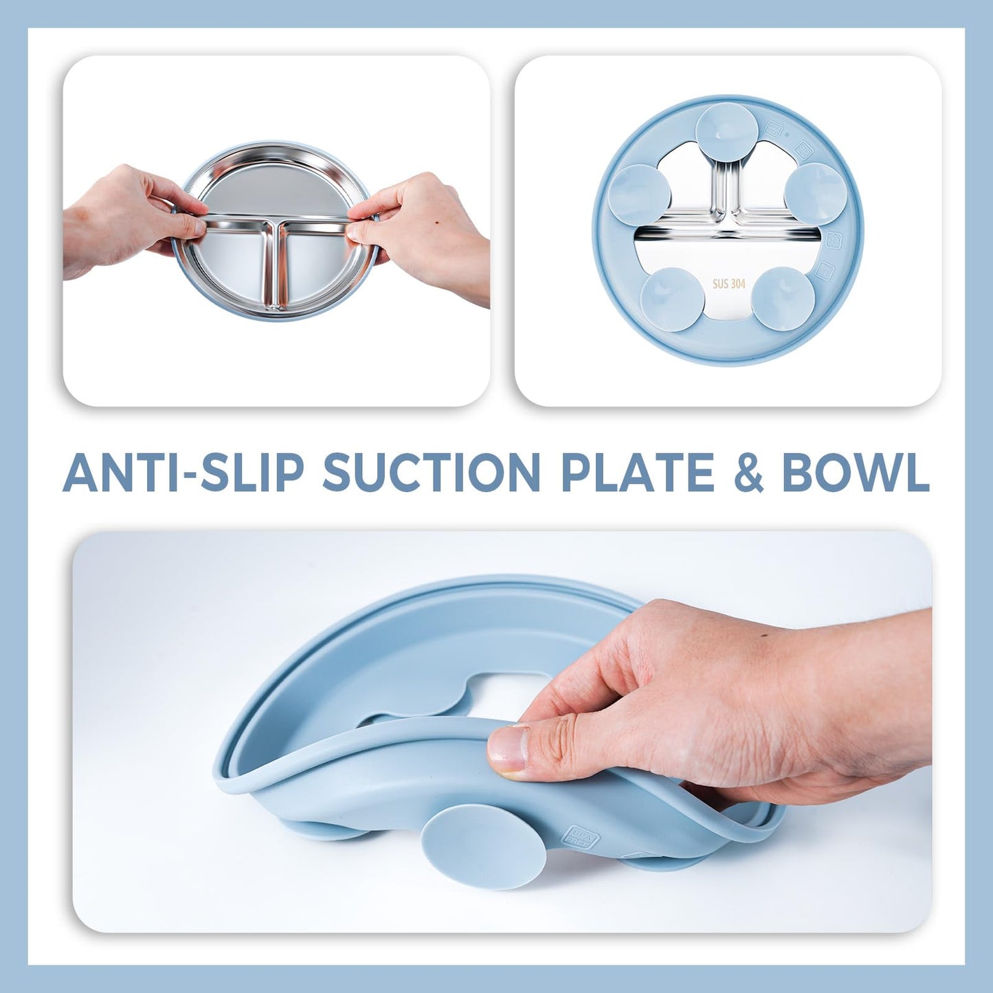 7 Pieces 304 Stainless Steel Baby & Toddler Feeding Set - Suction Divided Plates, Bowls, Silicone & Stainless Spoon Fork,Pocket Bib Unbreakable, Dishwasher Safe Kids Dinnerware Essentials (Blue)