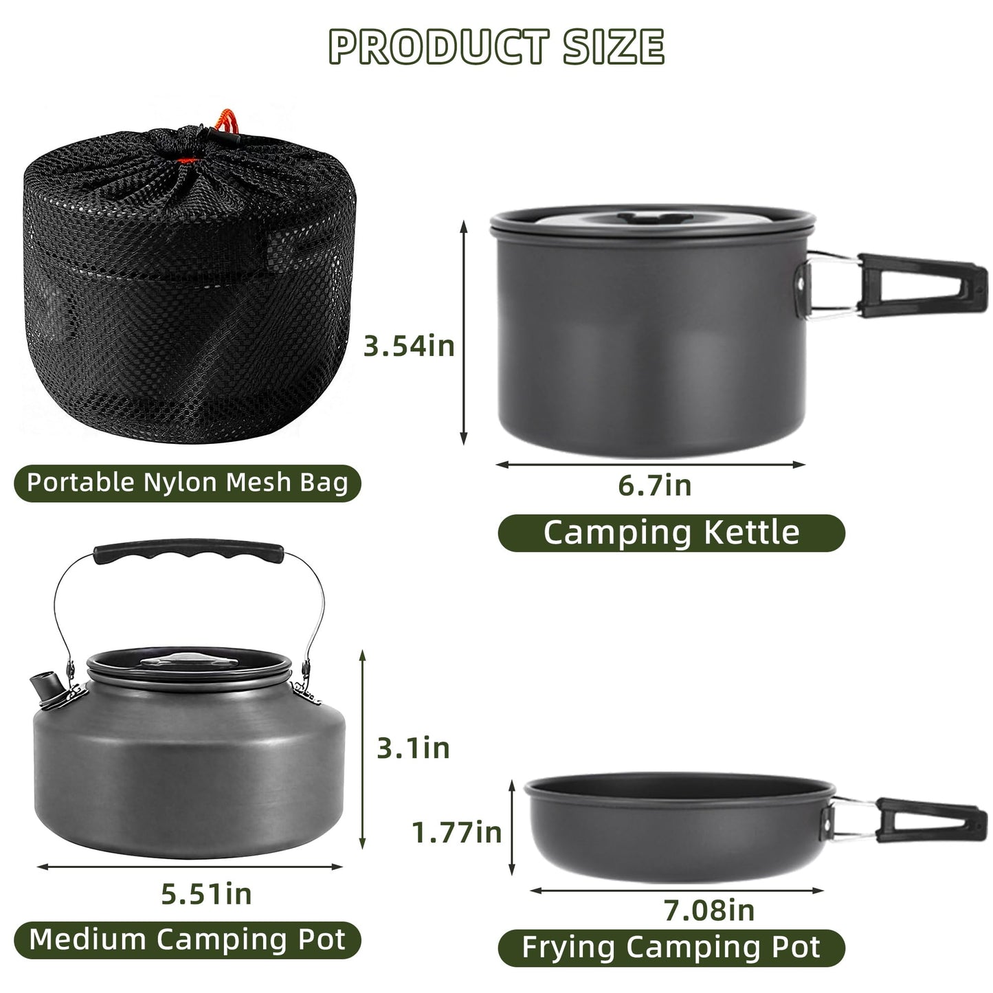 aiGear 3pcs Camping Cooking Set for 1-2 People, Lightweight Foldable Pot Pan Kettle with Storage Bag, Backpacking Cooking Set for Hiking Picnic Camping (Black)