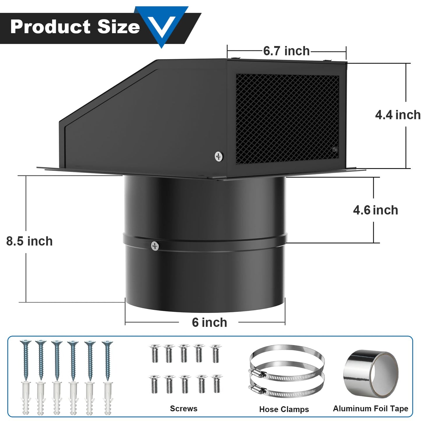 6 Inch Wall Vent with Screen and Damper, Galvanized Steel Hooded Wall Vent Cover Black Metal Exhaust Duct Cap Kit with Hose Clamp Aluminum Foil Tape Screw for Outdoor Laundry Room Kitchen Range Hood