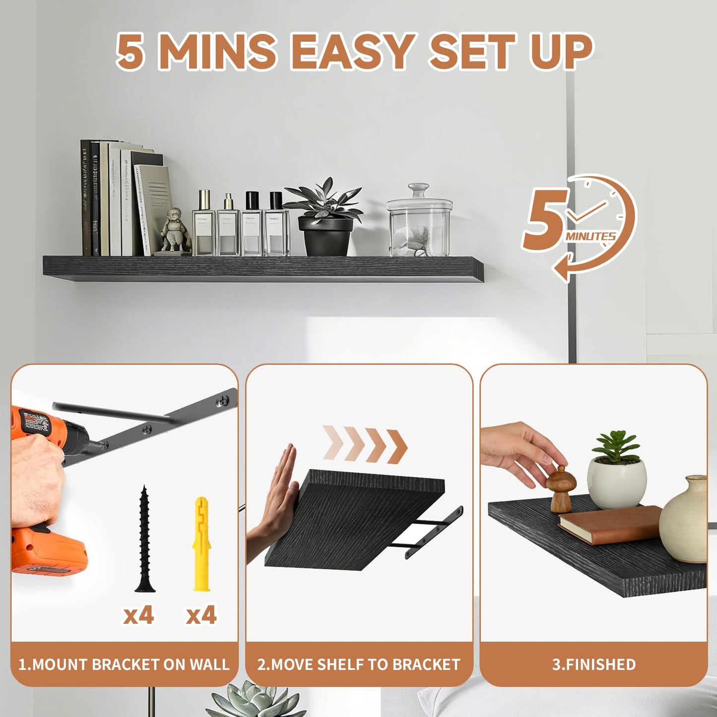Duvique Easy Install Floating Shelves, Wall Mounted Wood Shelf,Hanging Shelf for Home Decor, Books and Storage, Small Organizer for Bedroom, Bathroom, Kitchen, 15.7 Inch Set of 3, Black