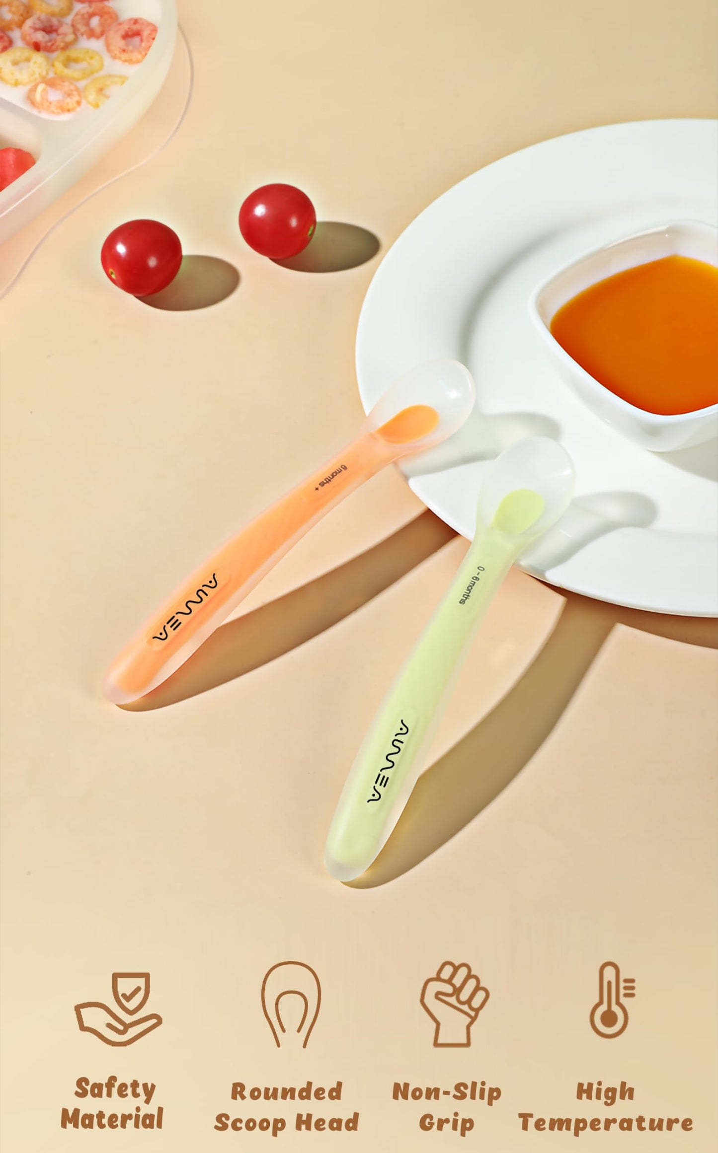 Aurrea Baby Spoons 2-Pack | Soft Silicone First Stage Feeding Spoon Set with Travel Case | Stage-Based Design for 0-6m & 6m+ | BPA-Free, Gum-Friendly for Infant & Toddler | Lime + Peach