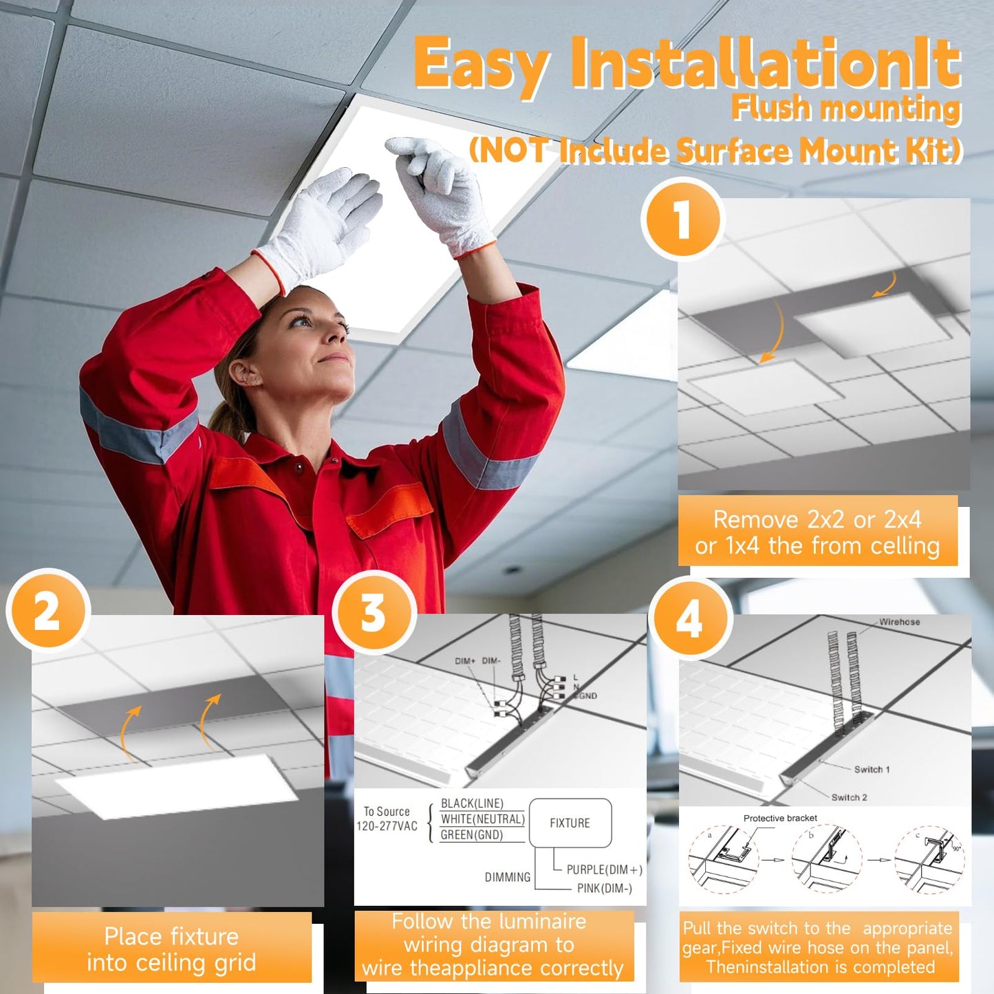 OKQ 2x4 LED Flat Panel Light Drop Ceiling Office Fixture, 30/40/50W Selectable, 5000K 5CCT Switchable, 0-10V Dimmable, 24x48 Inch LED Flush Mount Ceiling Light, ETL Listed 4 Pack