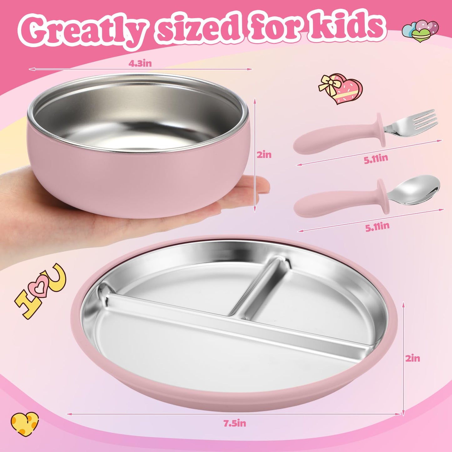 Honeydak 2 Pack Stainless Steel Baby Plates and Bowls with Suction & 2 Pack Spoons and Forks Set Kid Gift Toddler Utensil Baby Feeding Set Divided Plates for Weaning Supplies(Pink,Matte Tan)