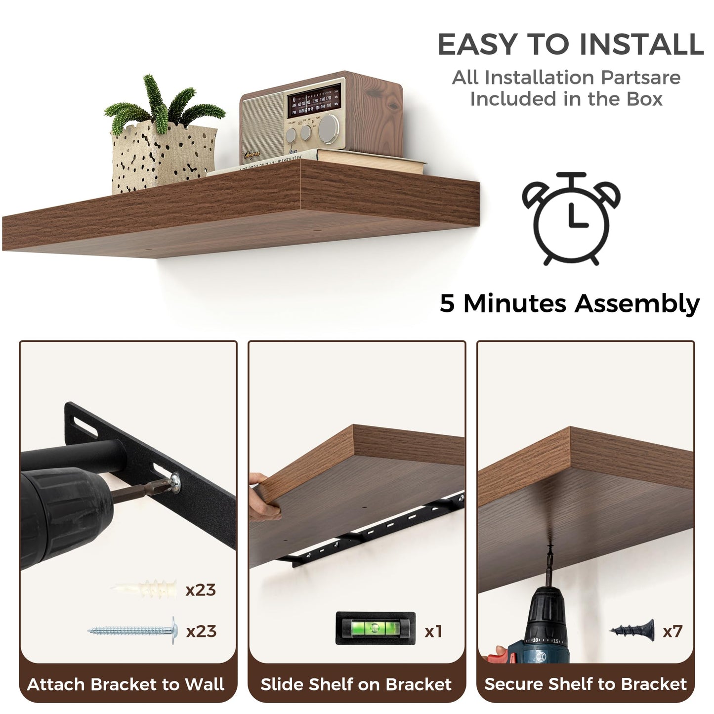 Venusmiles Floating Shelves for Wall, Engineered Wood Wall Shelves with Invisible Brackets for Living Room Bedroom Bathroom Office Kitchen Decor and Storage (Walnut, 48" W x 9" D x 1.5" H) Set of 2