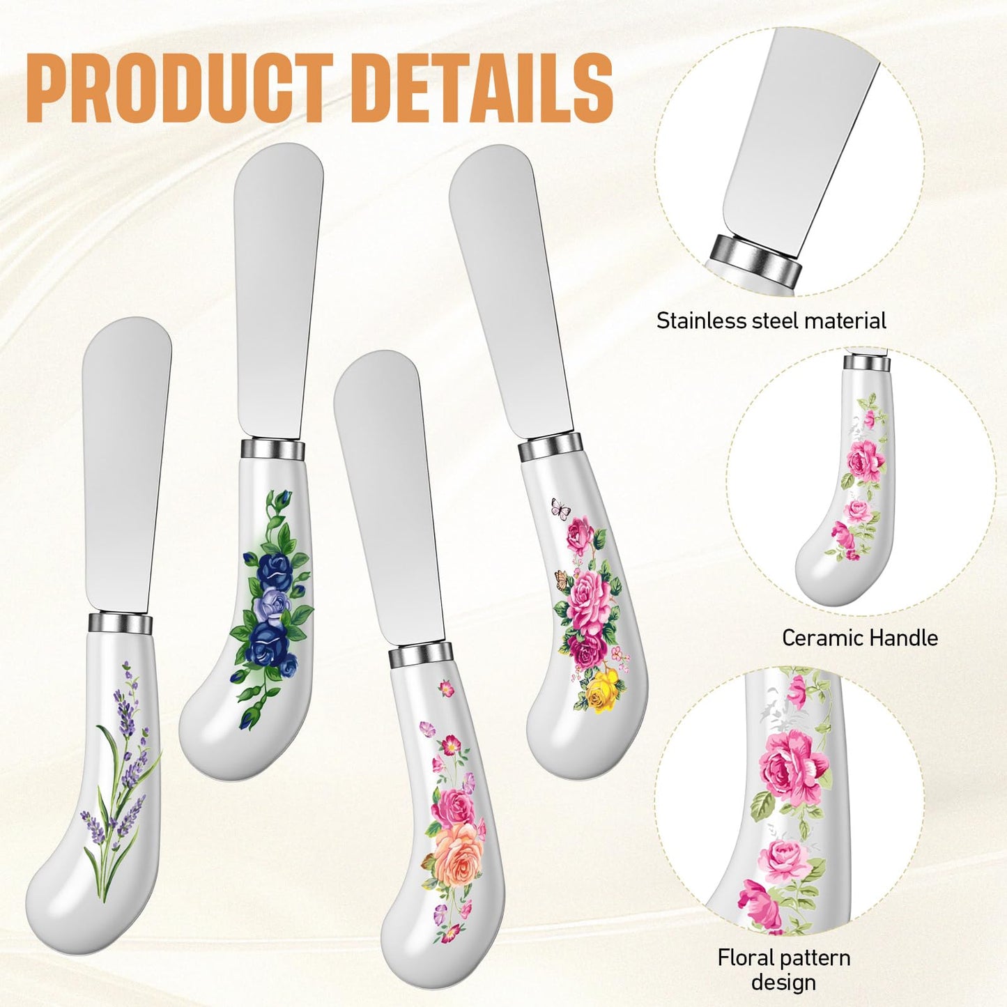Yiyiring 6 Pack Floral Cheese Spreaders 4.95" Stainless Steel Butter Knife with Ceramic Handle for Jam, Pastry, Butter Knife - Holiday Silverware & Festive Kitchen Cutlery