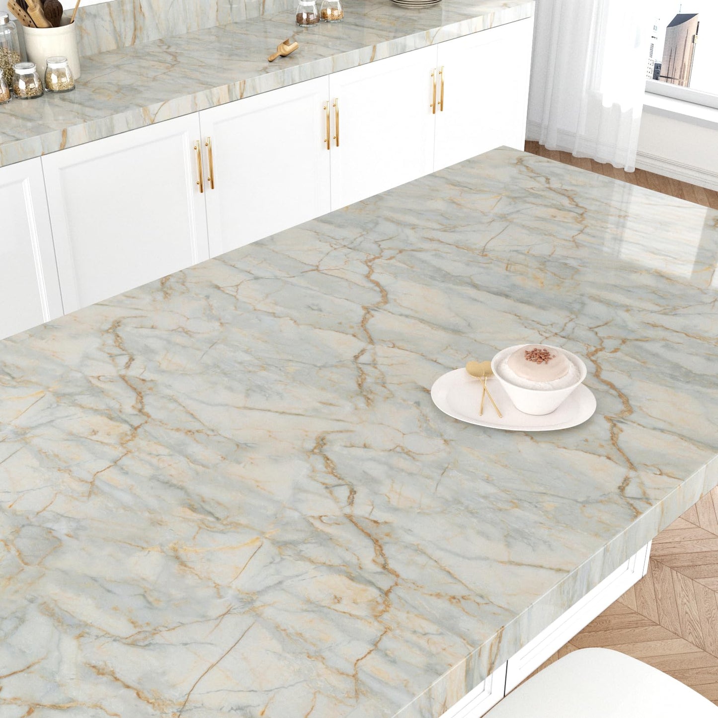 EPPKILY Cyan Marble Contact Paper Peel and Stick Countertops Glossy Gold Green Marble Wallpaper Self Adhesive Countertop Contact Paper Waterproof for Kitchen Cabinet Vinyl Wrap Bathroom 15.7"×118"