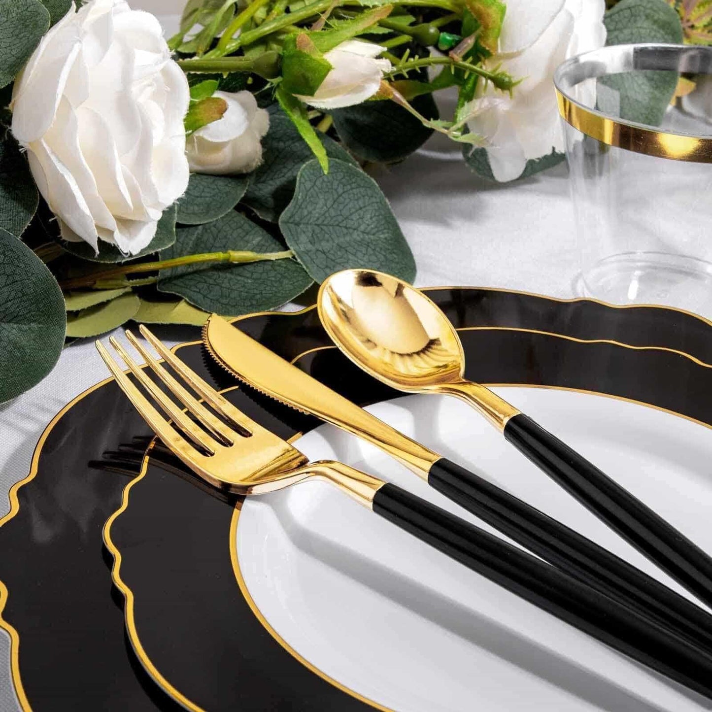WDF 30Guest Black and Gold Plastic Plates - Gold Plastic Silverware With Black Handle Baroque Black and Gold Disposable Dinnerware for Graduation/Wedding/Party/Birthday