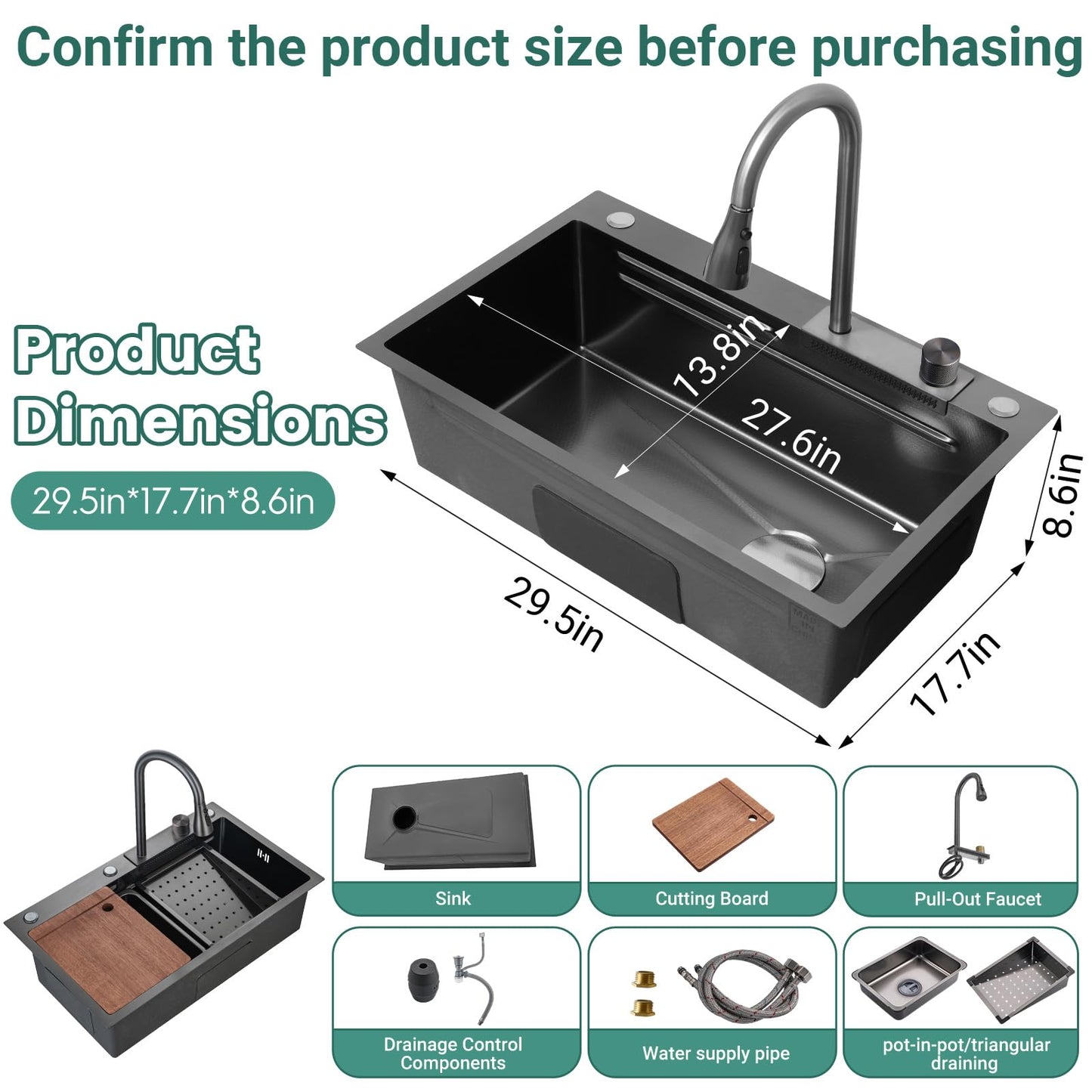 30Inch Kitchen Sink with Faucet Combo Waterfall Black Stainless Steel Waterfall Sink Kitchen Countertop Multi-Functional Sinks Farmhouse Undermount or Countertop Drop in