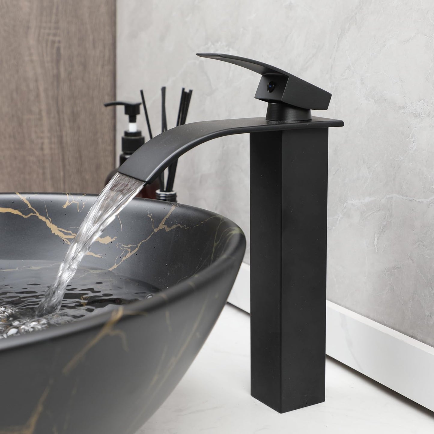 Focitland Round Bathroom Sink Bowl Black Vessel Sink with Waterfall Faucet Combo Bathroom Sink Above Counter Ceramic Vessel Sink Art Basin Sink for Bathroom