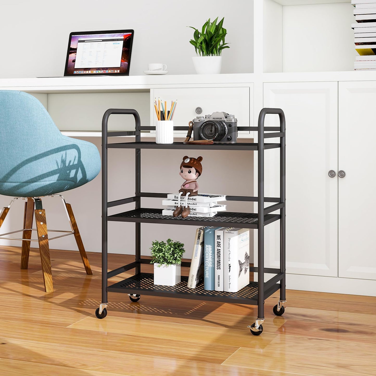 HDANI 3 Tier Metal Rolling Heavy Cart Supports 40 Lbs Per Tier,Mesh Rolling Cart with 2 Lockable Wheels for Office,Home,Bedroom,Kitchen,Bathroom(Black)