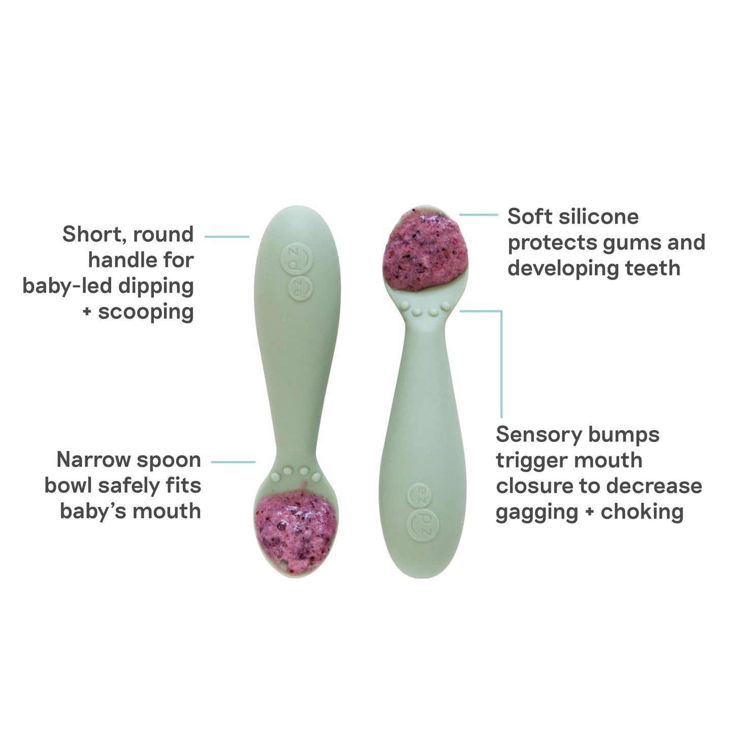 ezpz Baby Feeding Bundle – Tiny Spoon (2-Pack, Sage) + BLW Food Cutters (2-Pack, Pewter) – 100% Silicone Baby-Led Weaning Set for 6–9+ Months – Infant Feeding & Prep Essentials