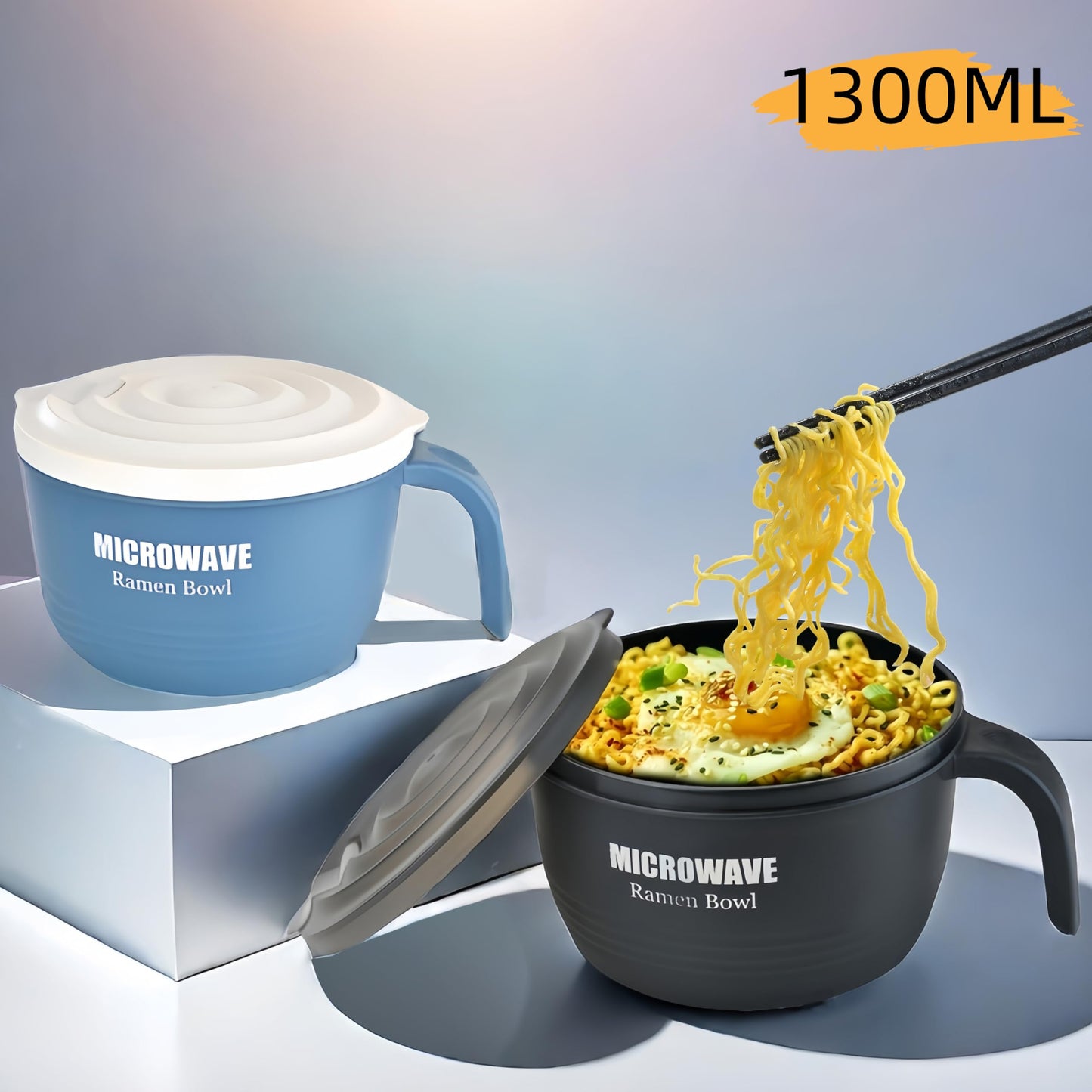 Layron 2 Sets Microwave Ramen Cooker Bowl 45 oz Instant Noodle Bowl with Handles Ramen Noodle Cooker with Spoon Chopsticks Fork Knife College Dorm Room Essentials for Boys Girls (Black, Blue)