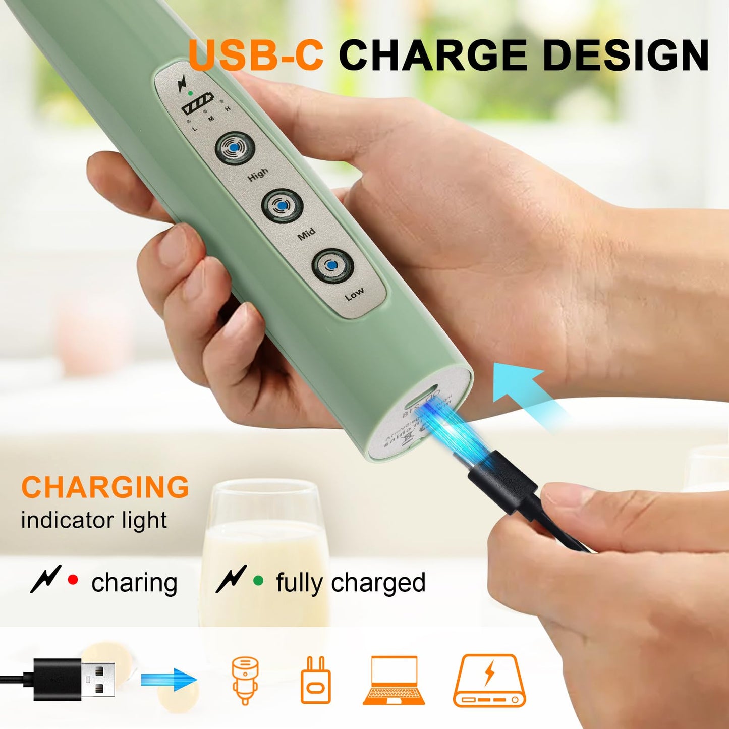 YUSWKO Granite Green Handheld Milk Frother Wand for Coffee, Rechargeable Electric Whisk with 3 Heads 3 Speeds Drink Mixer Coffee Frother For Latte, Cappuccino, Hot Chocolate, Egg