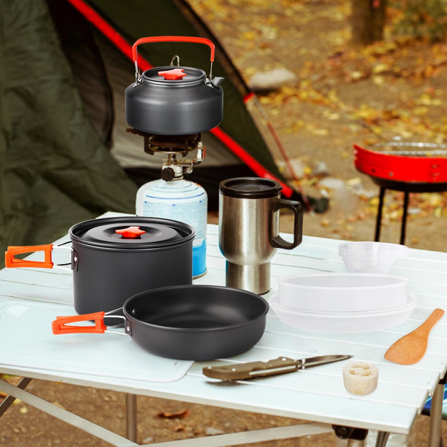 Gutsdoor Camping Cookware Set Lightweight Backpacking Mess Kit, Non-Stick Cooking Equipment Camping Pots and Pans Set with Storage Bag for Outdoor Hiking(16 Piece/Set)